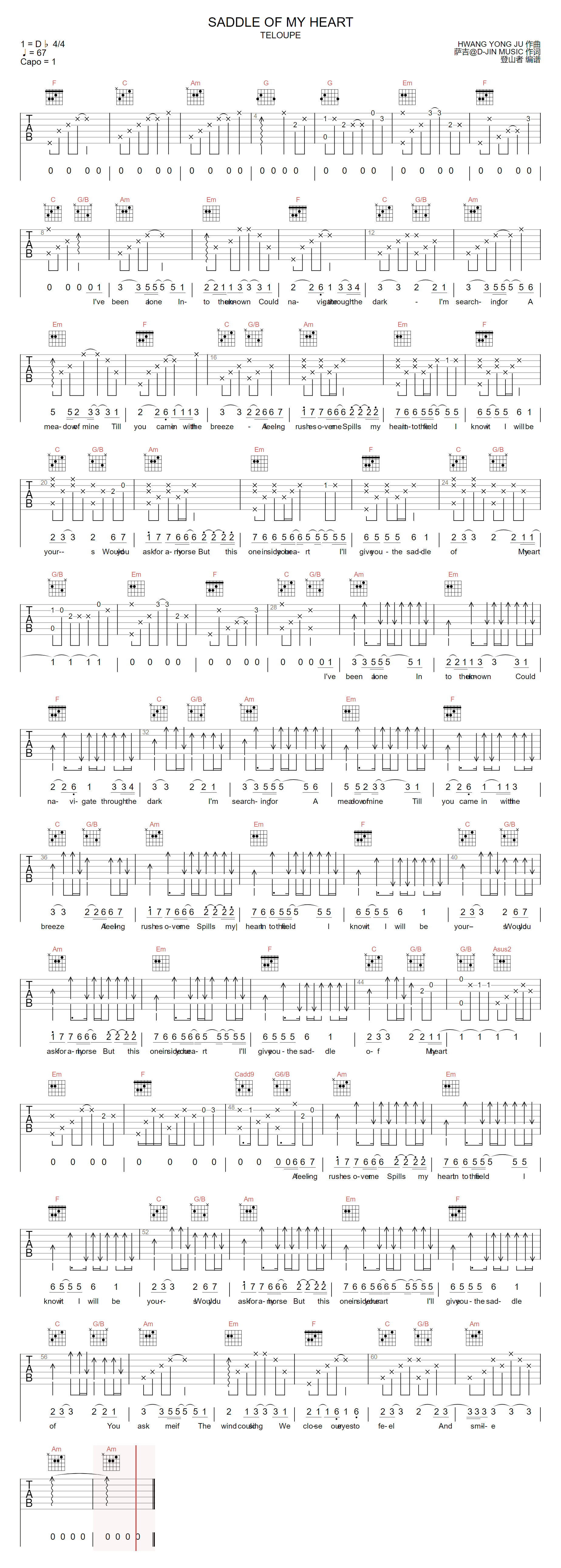 Teloupe《Saddle Of My Heart》吉他谱_C调指法-图1