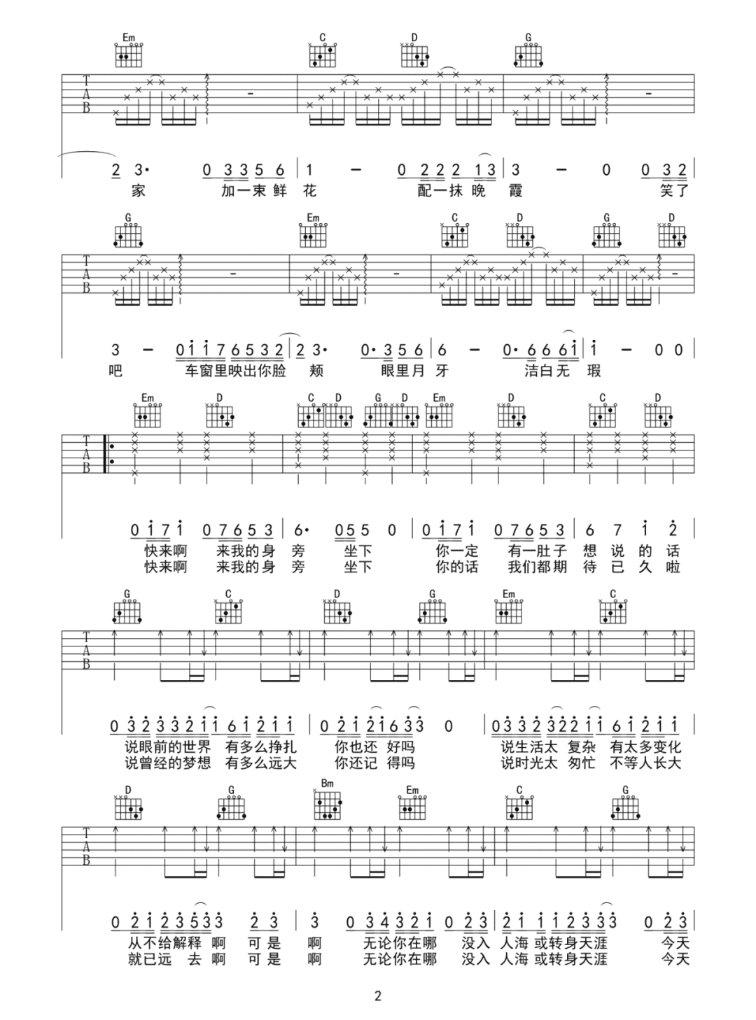 毛不易《聊聊》吉他谱_G调指法原版弹唱谱-图2