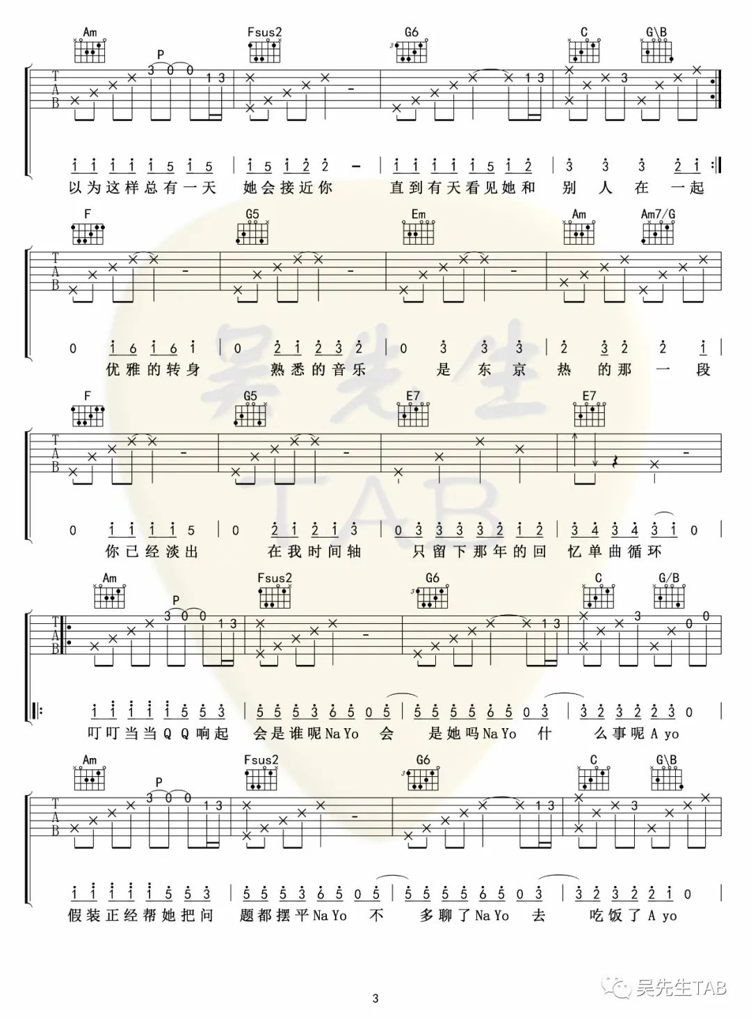 洛天依《东京不太热》吉他谱_C调原版弹唱谱-图3