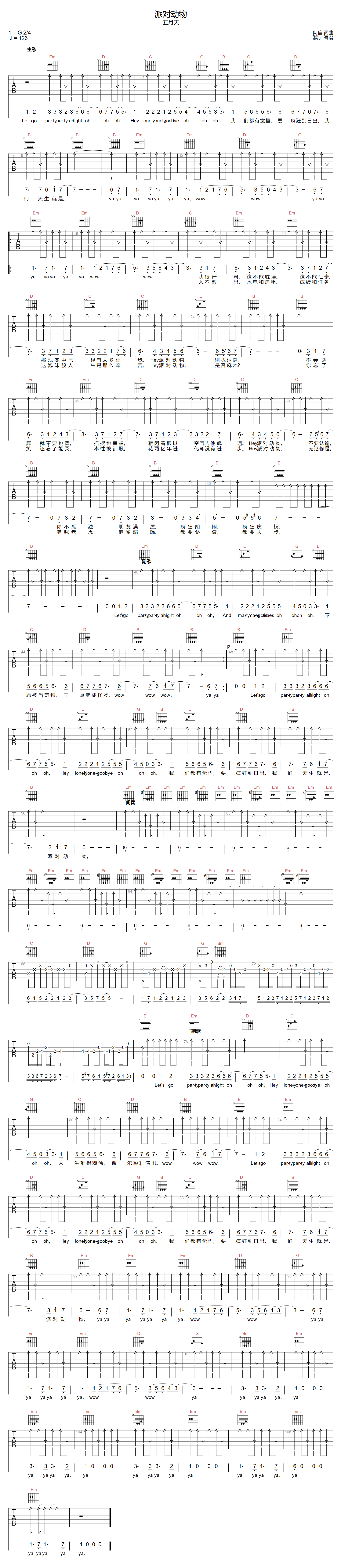 五月天《派对动物》吉他谱_G调指法扫弦版-图1