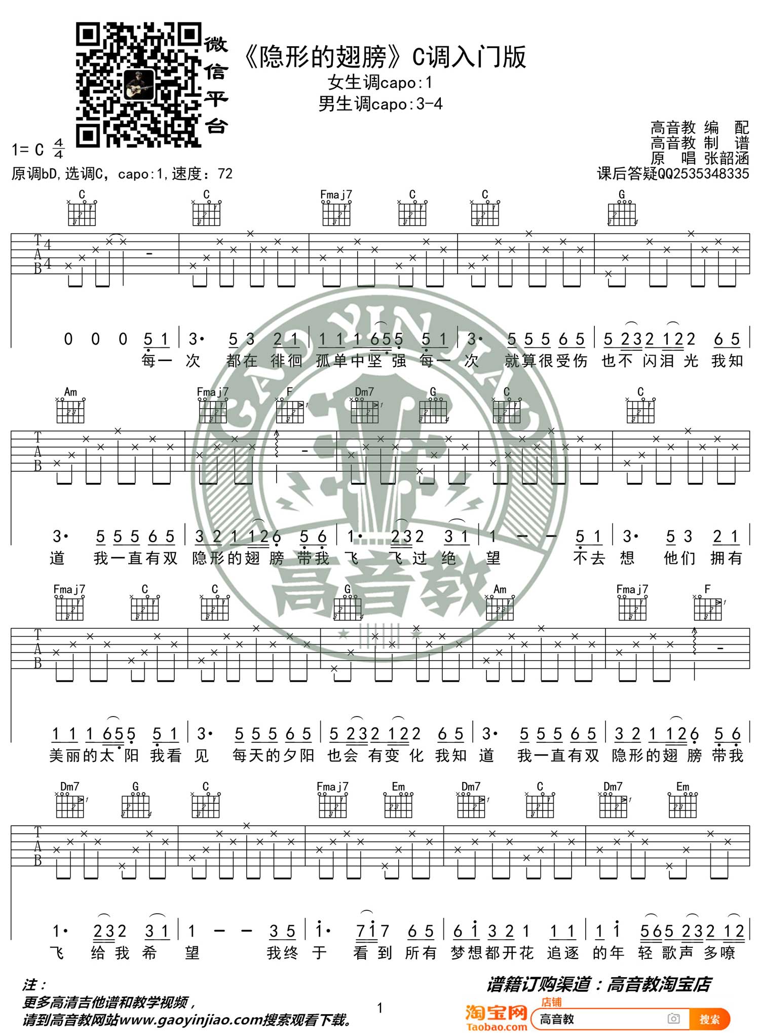 张韶涵《隐形的翅膀》吉他谱_C调指法简单版-图1
