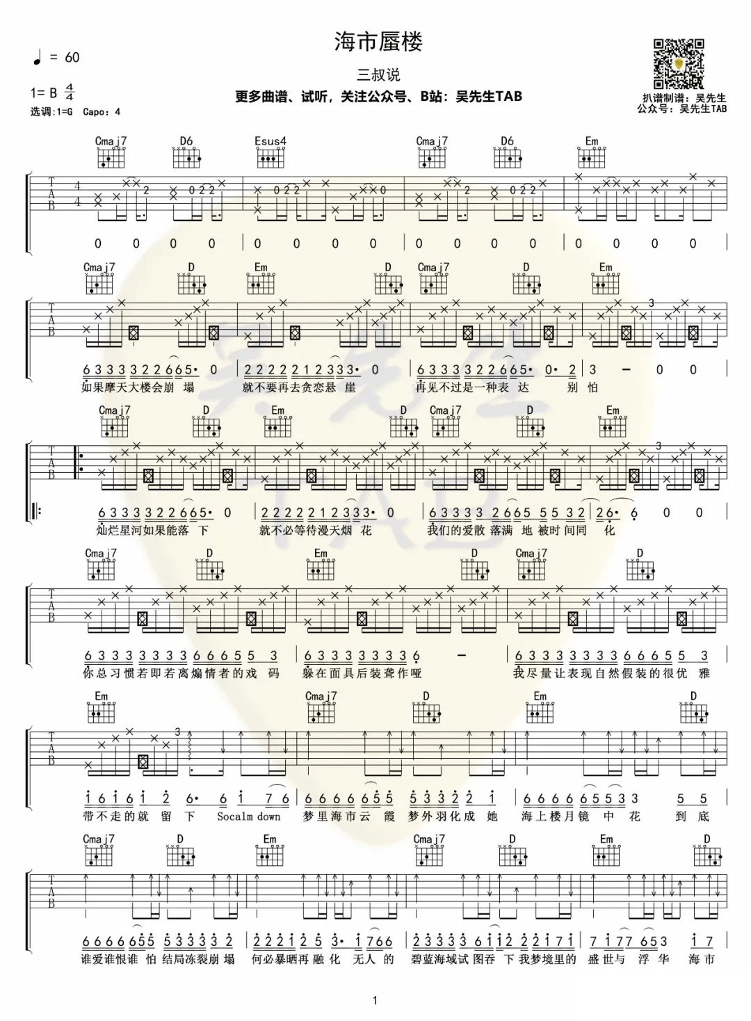 三叔说《海市蜃楼》吉他谱_G调拍弦版-图1