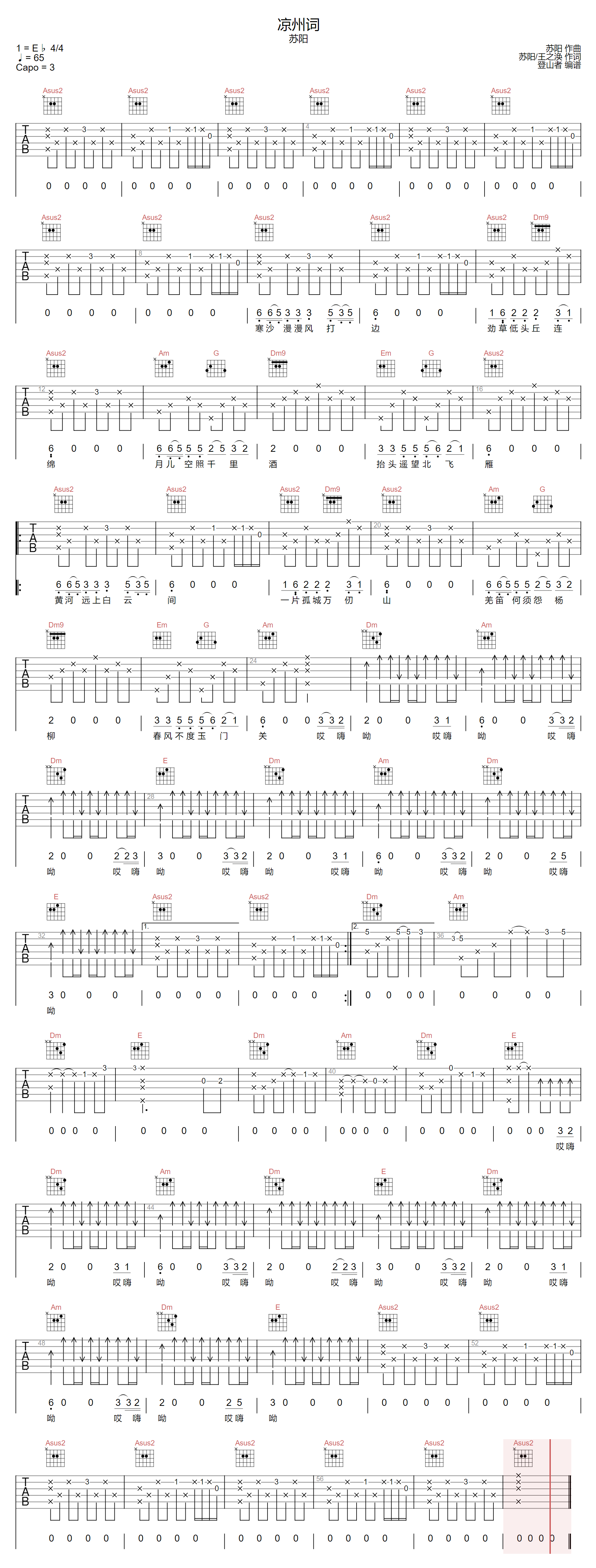 苏阳《凉州词》吉他谱_C调指法原版弹唱谱-图1