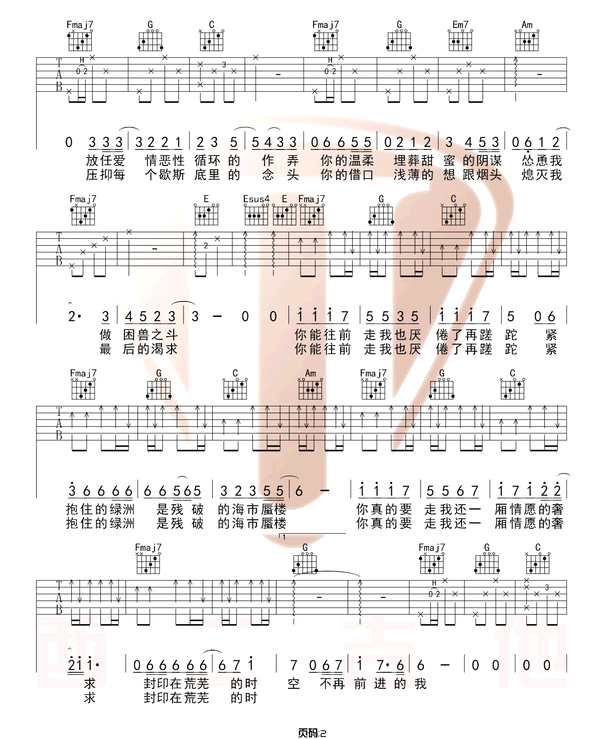 沈以诚/徐佳莹《绿洲》吉他谱_C调原版弹唱谱-图2