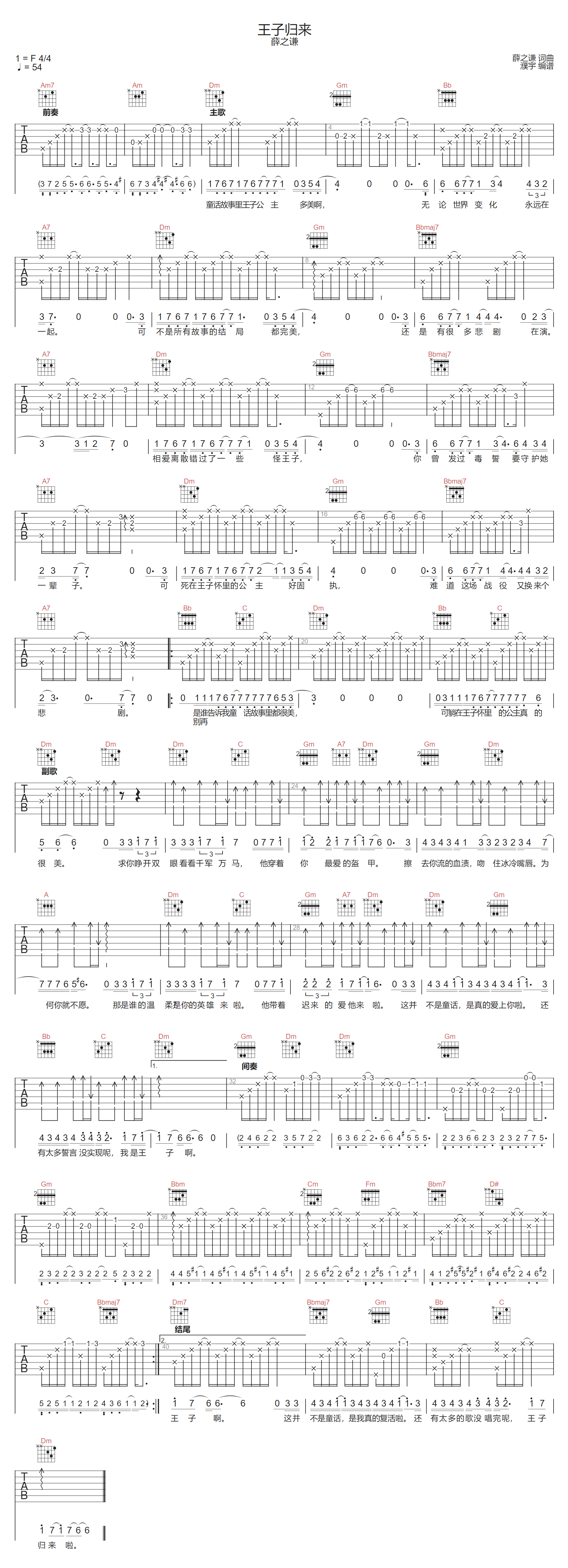 薛之谦《王子归来》吉他谱_F调指法弹唱谱-图1
