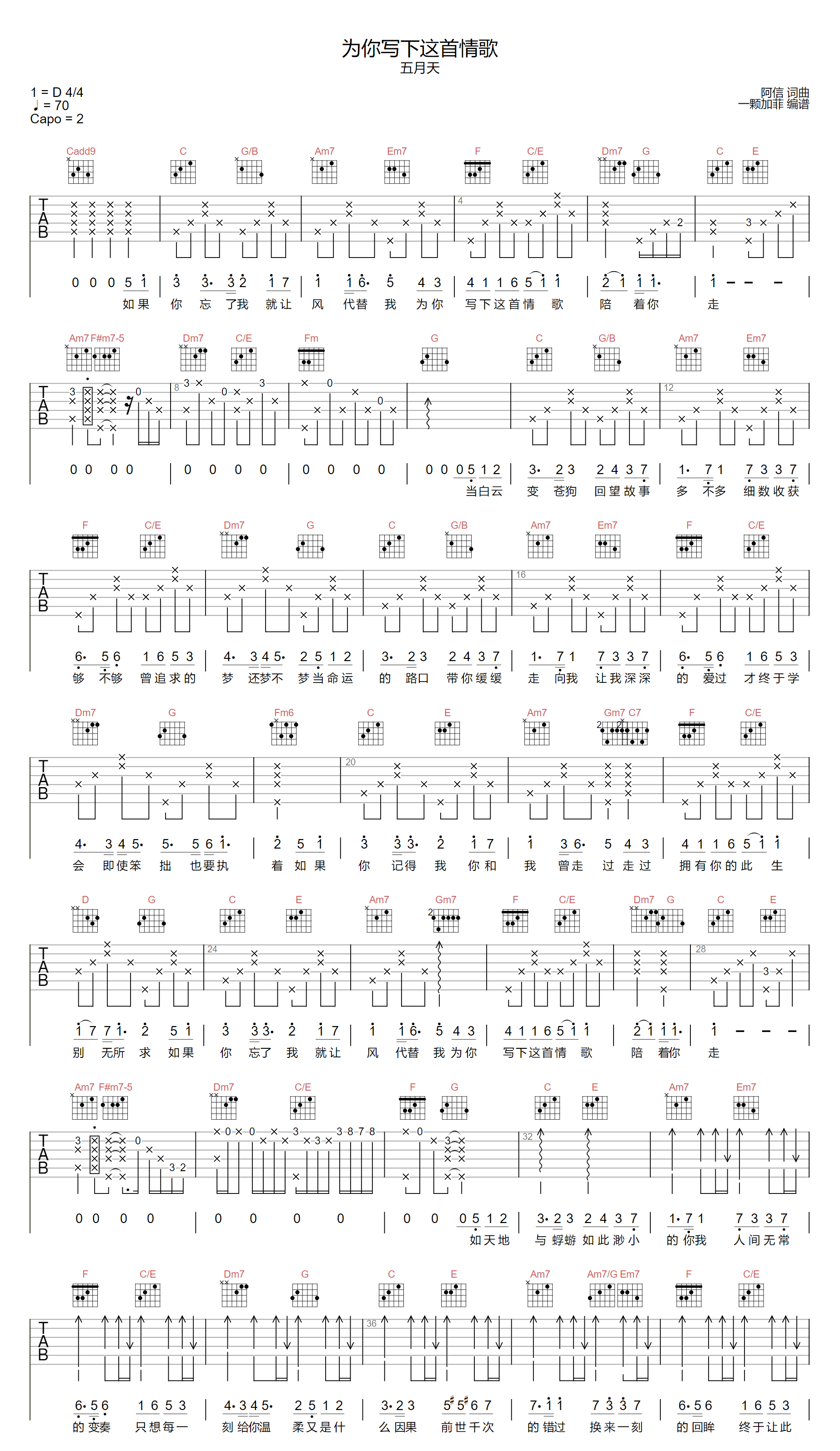 五月天《为你写下这首情歌》吉他谱_C调指法-图1