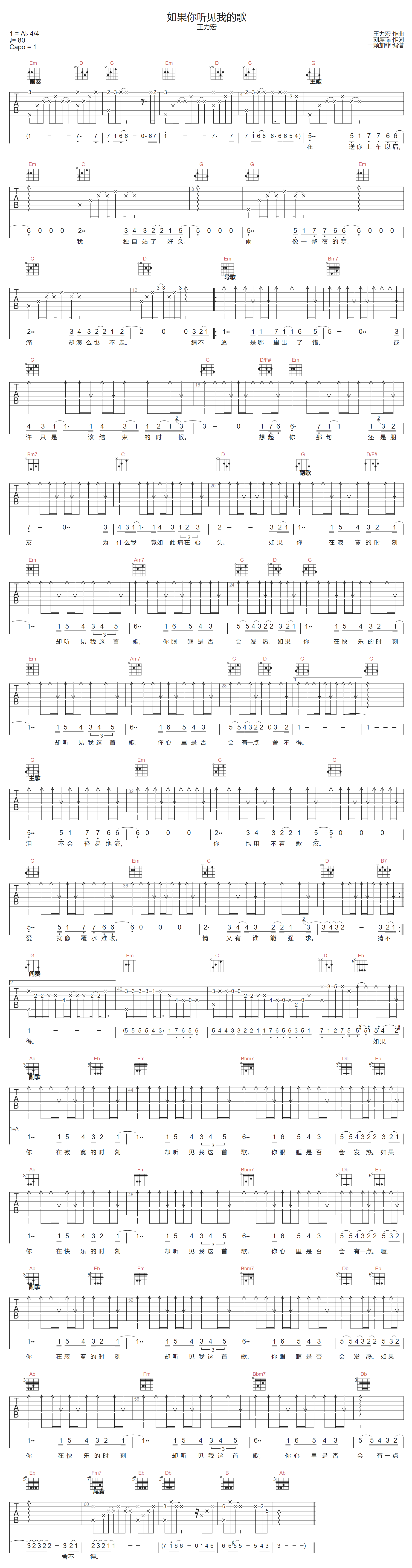 王力宏《如果你听见我的歌》吉他谱_G调原版-图1