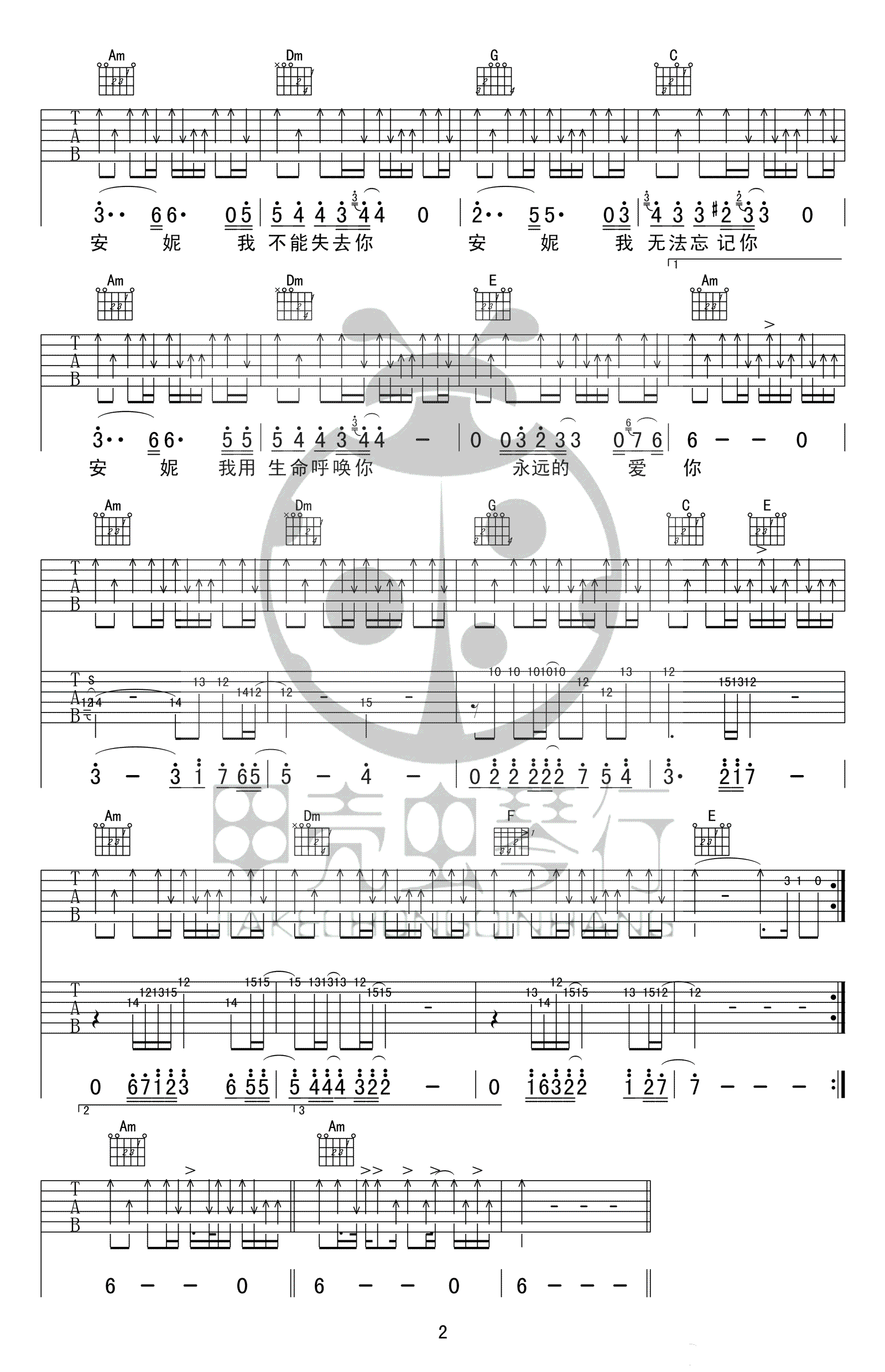 王杰《安妮》吉他谱_C调指法原版弹唱谱-图2