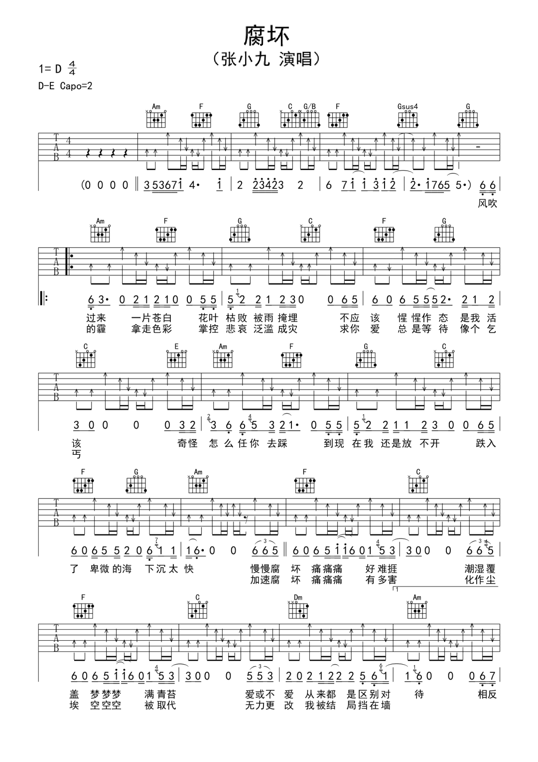 张小九《腐坏》吉他谱_C调扫弦版-图1