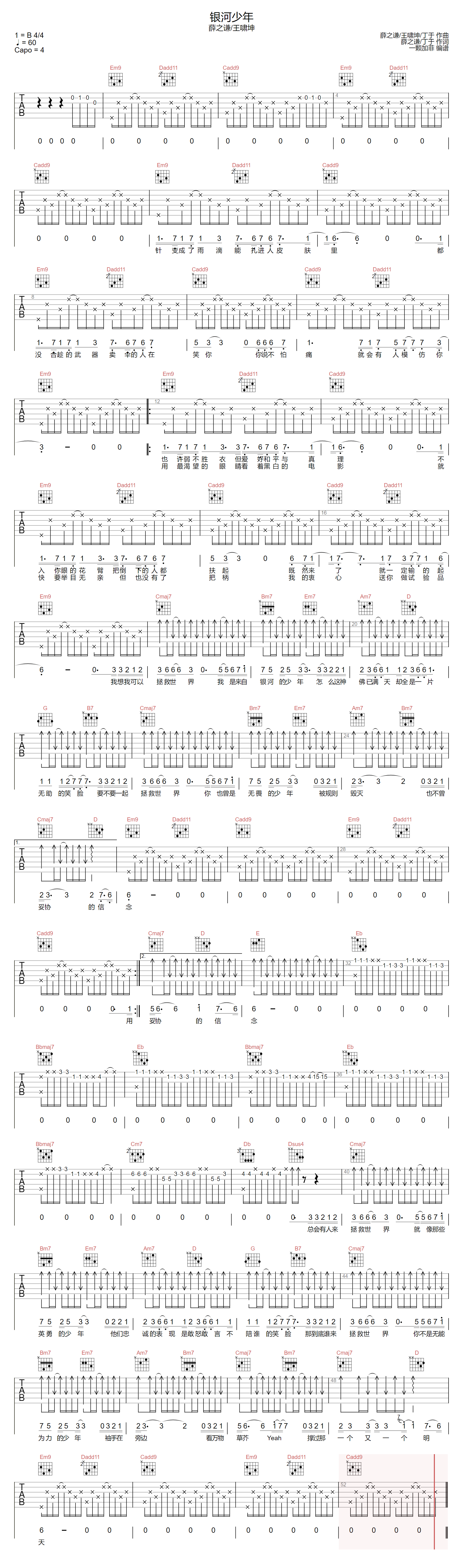 薛之谦/王啸坤《银河少年》吉他谱_G调原版-图1