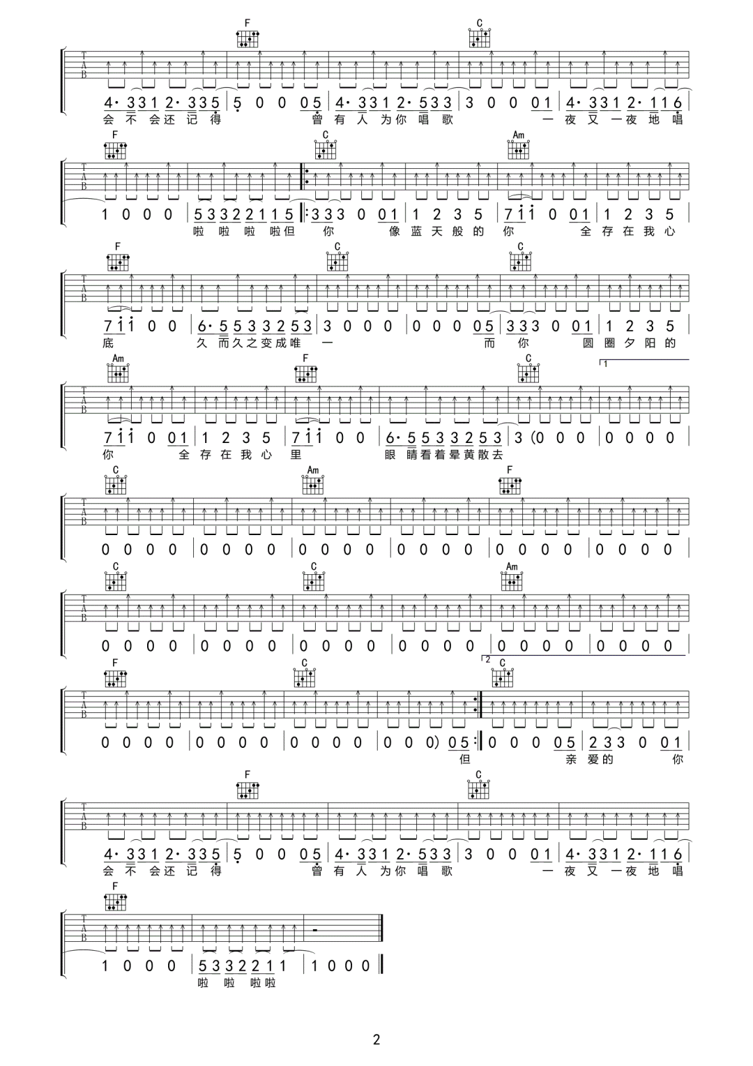 告五人《温蒂公主的侍卫》吉他谱_C调扫弦版-图2