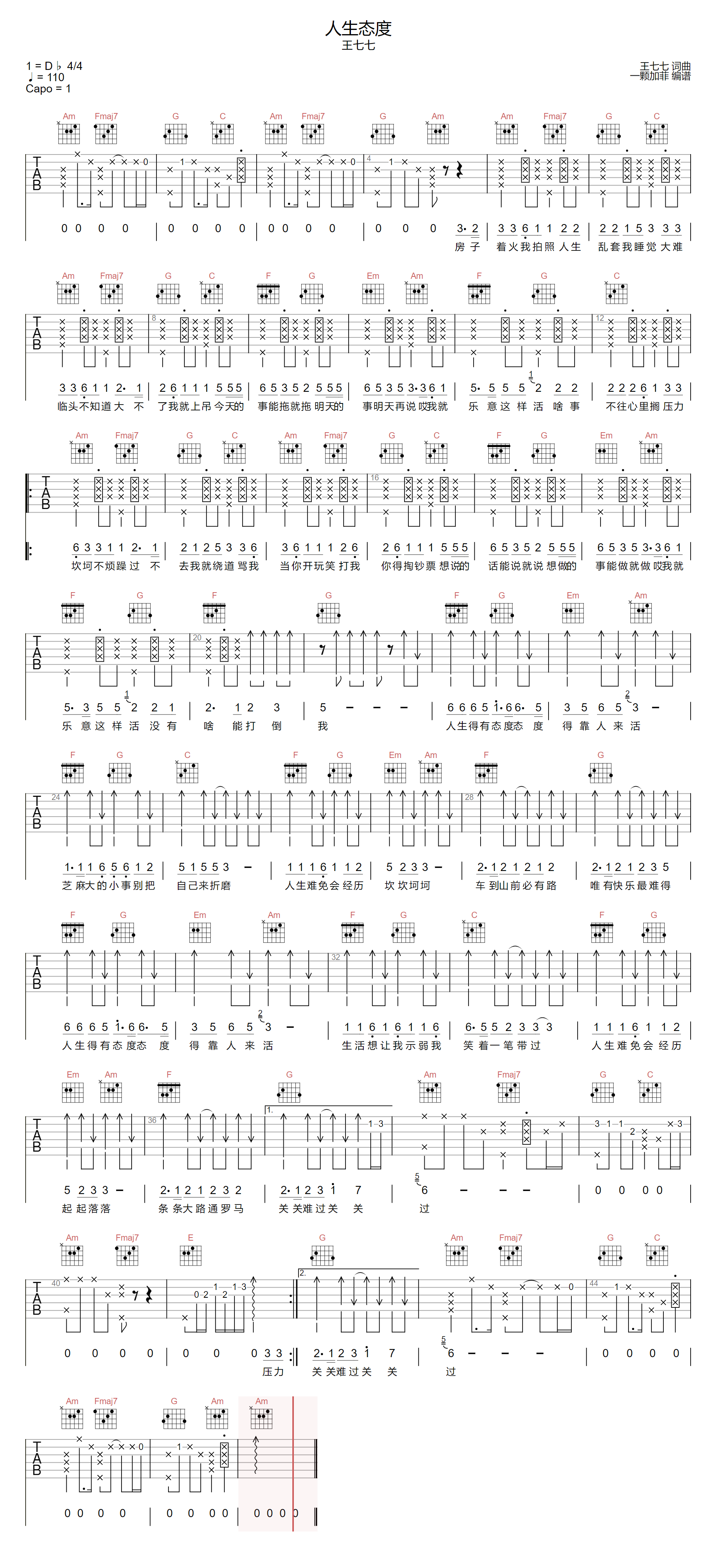 王七七《人生态度》吉他谱_C调原版弹唱谱-图1