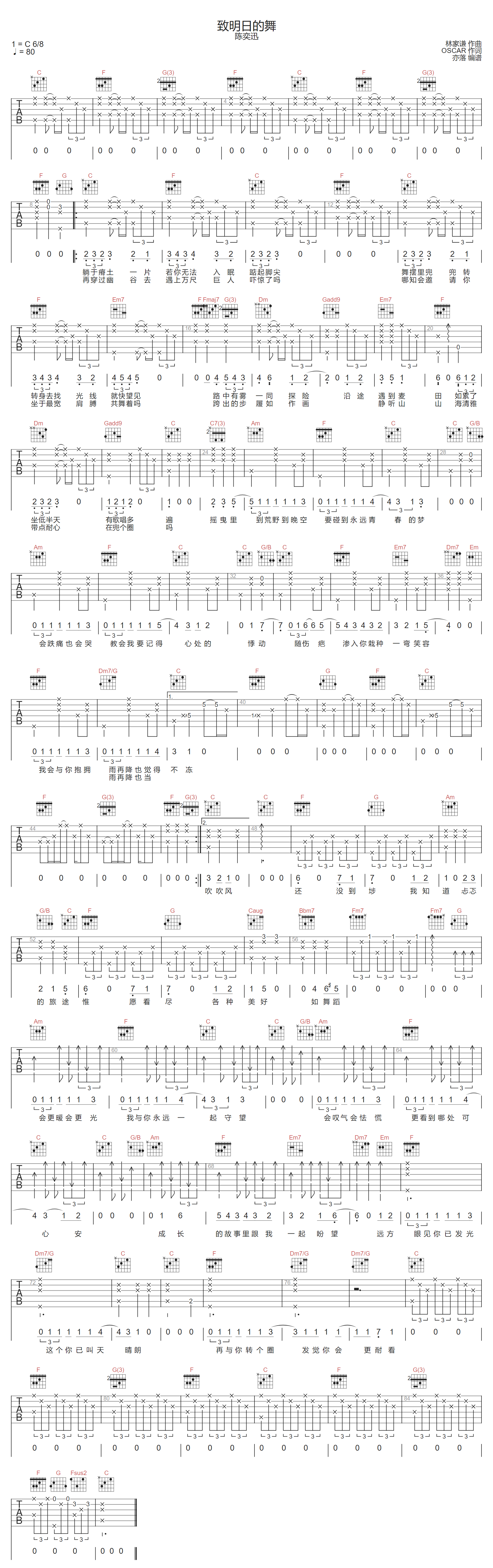 陈奕迅《致明日的舞》吉他谱_C调指法原版弹唱谱-图1