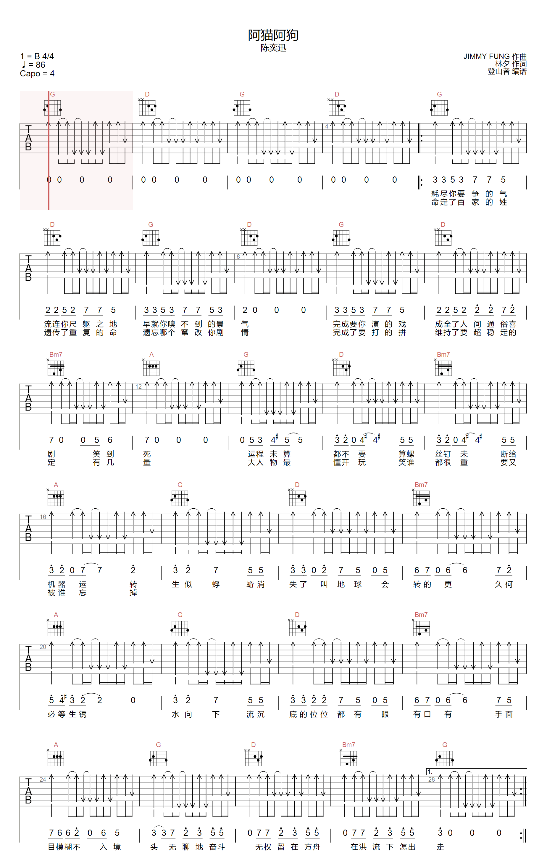 陈奕迅《阿猫阿狗》吉他谱_G调指法弹唱谱-图1