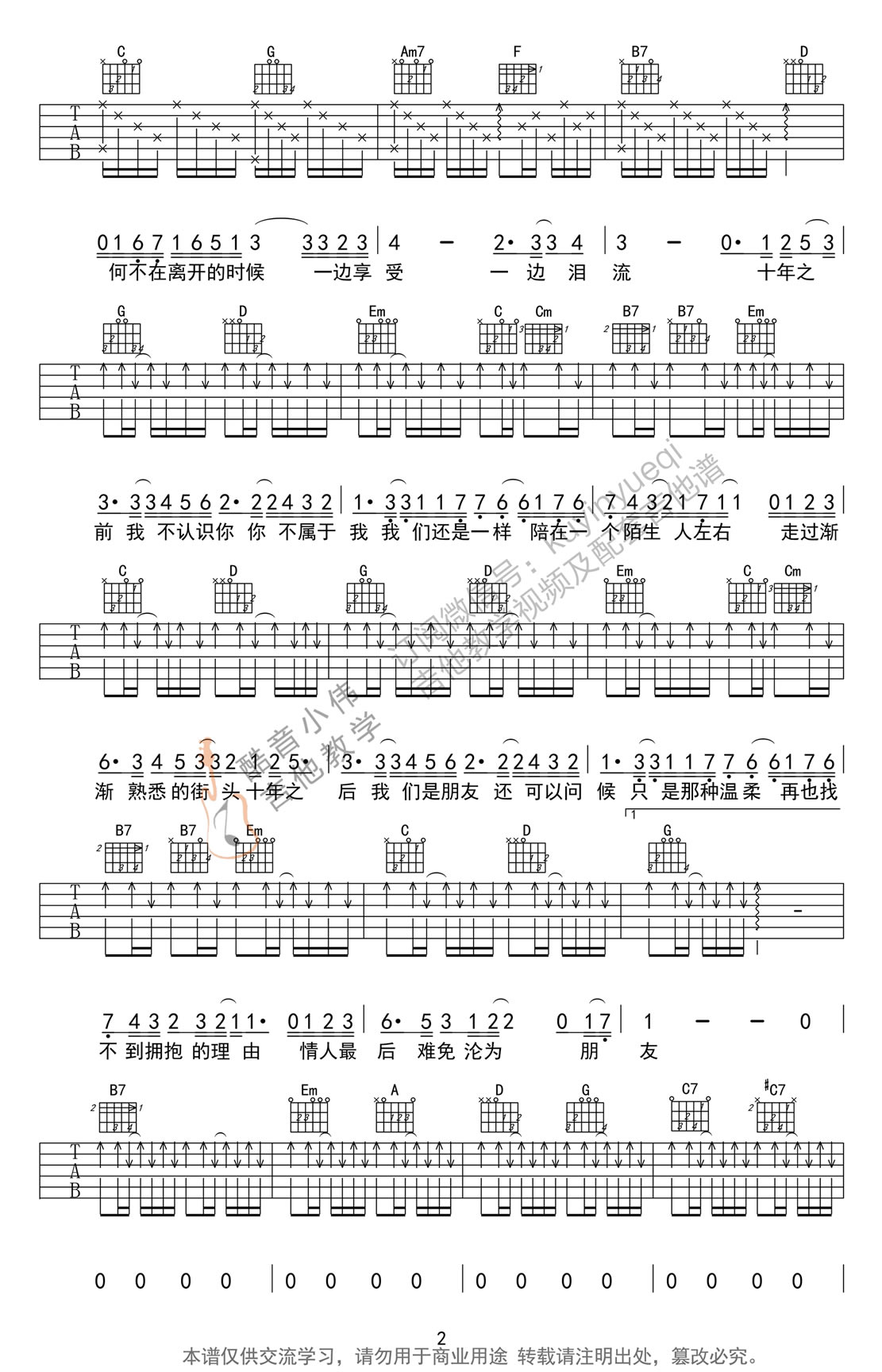陈奕迅《十年》吉他谱_G调指法简单版弹唱谱-图2
