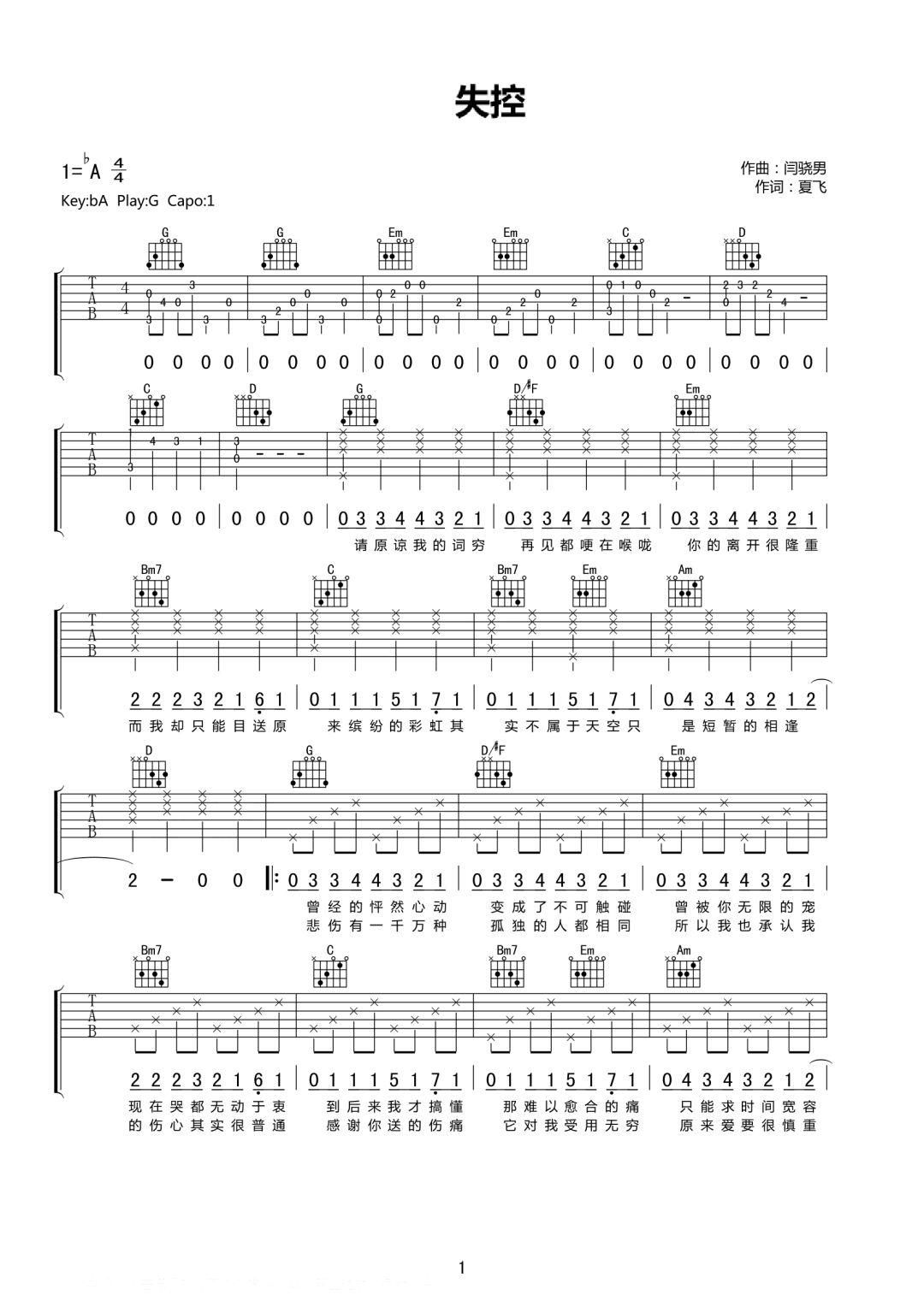 井迪儿《失控》吉他谱_G调指法原版弹唱谱-图1