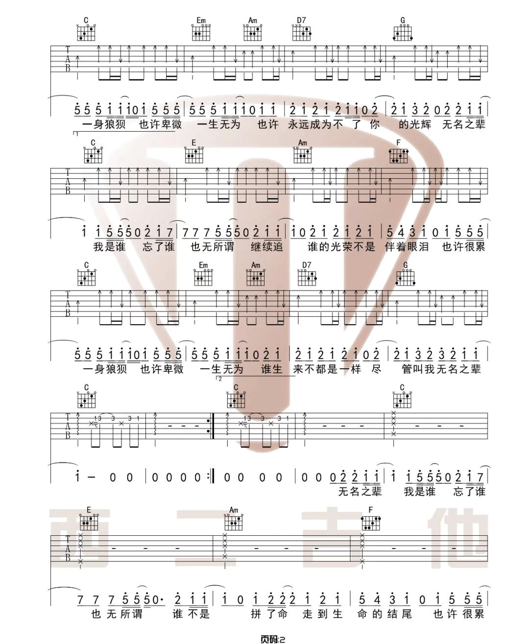 陈雪燃《无名之辈》吉他谱_C调原版弹唱谱-图2