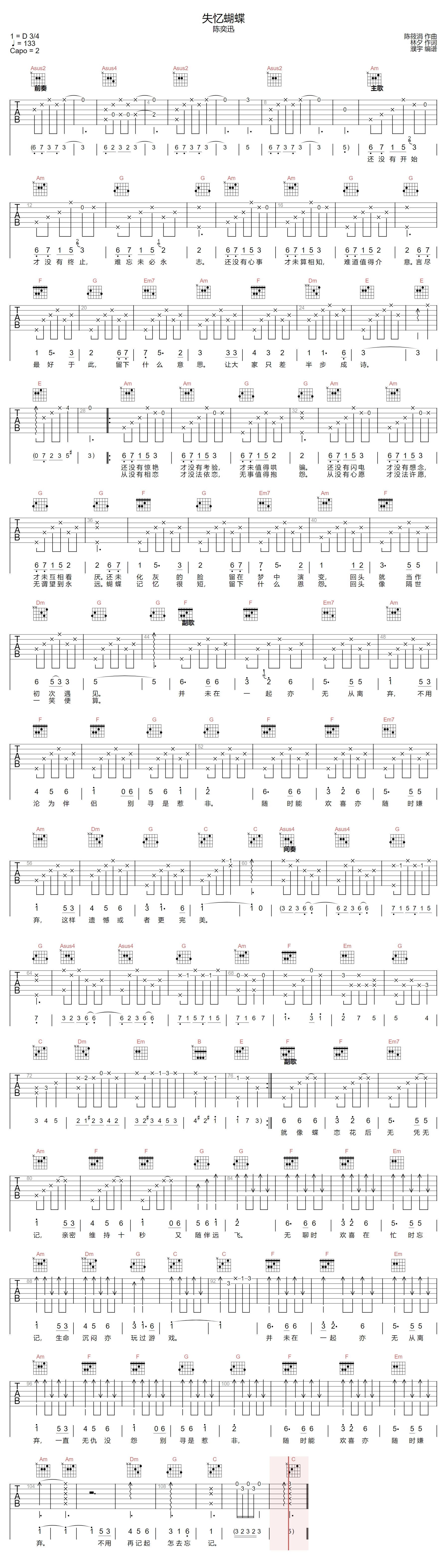陈奕迅《失忆蝴蝶》吉他谱_C调指法原版弹唱谱-图1