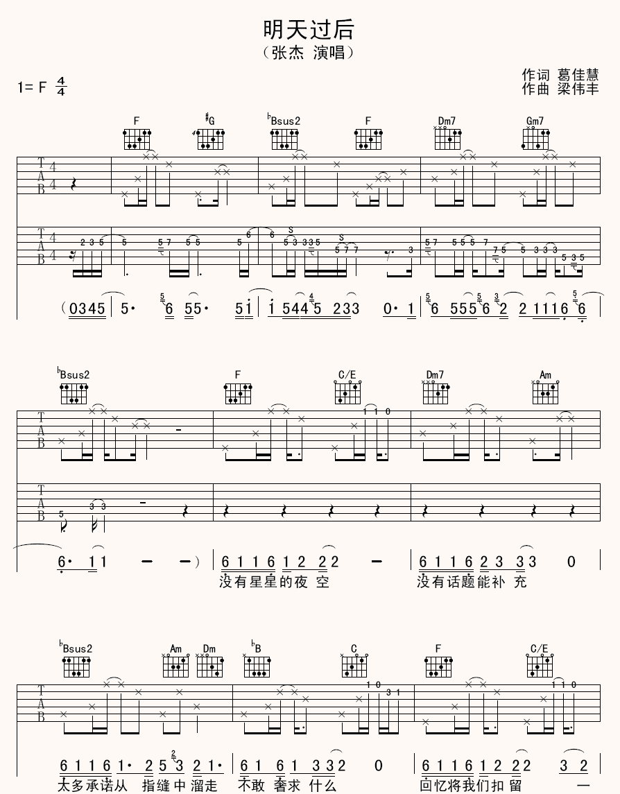 张杰《明天过后》吉他谱_F调指法原版弹唱谱-图1