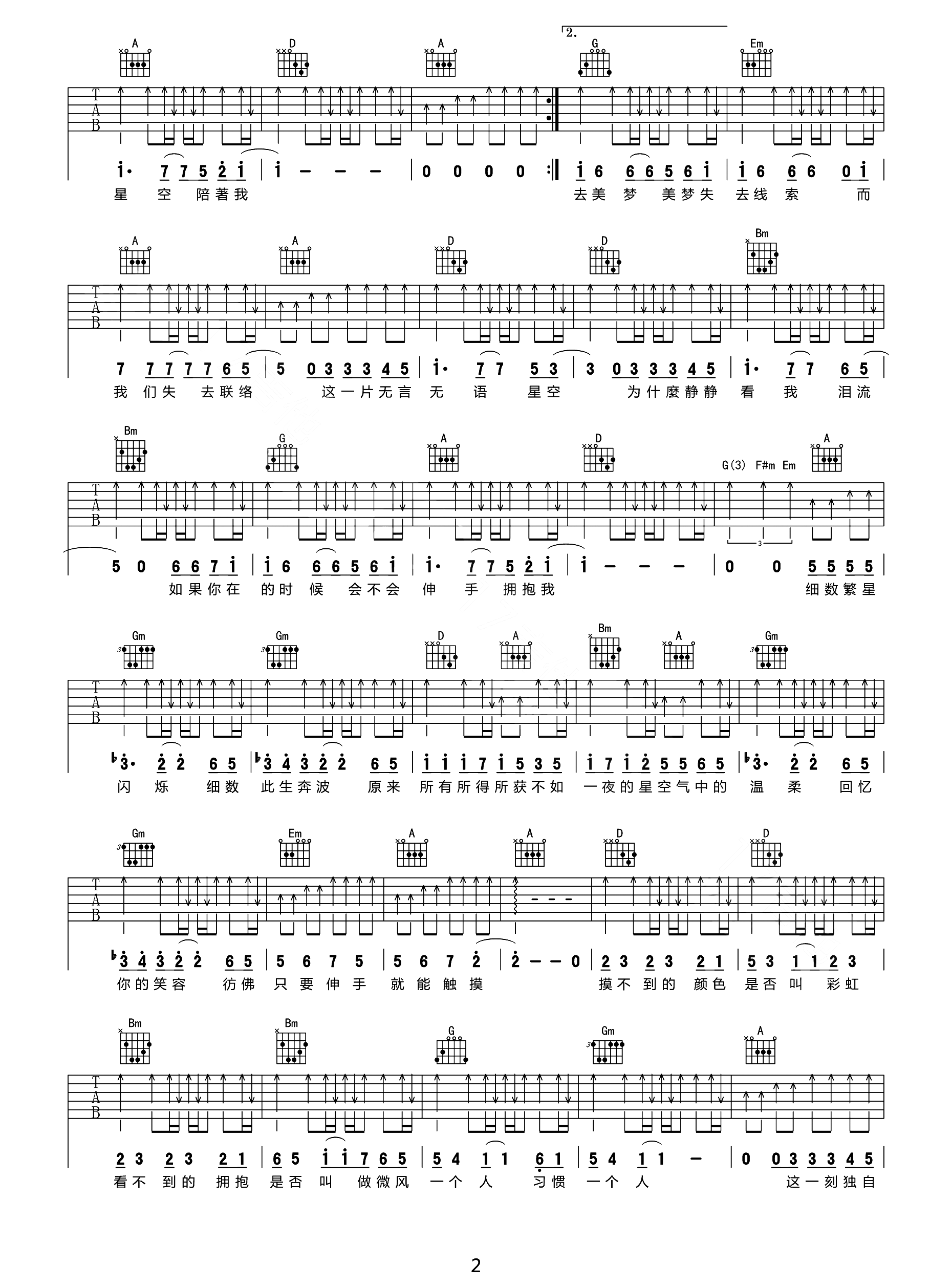 五月天《星空》吉他谱_D调指法原版弹唱谱-图2