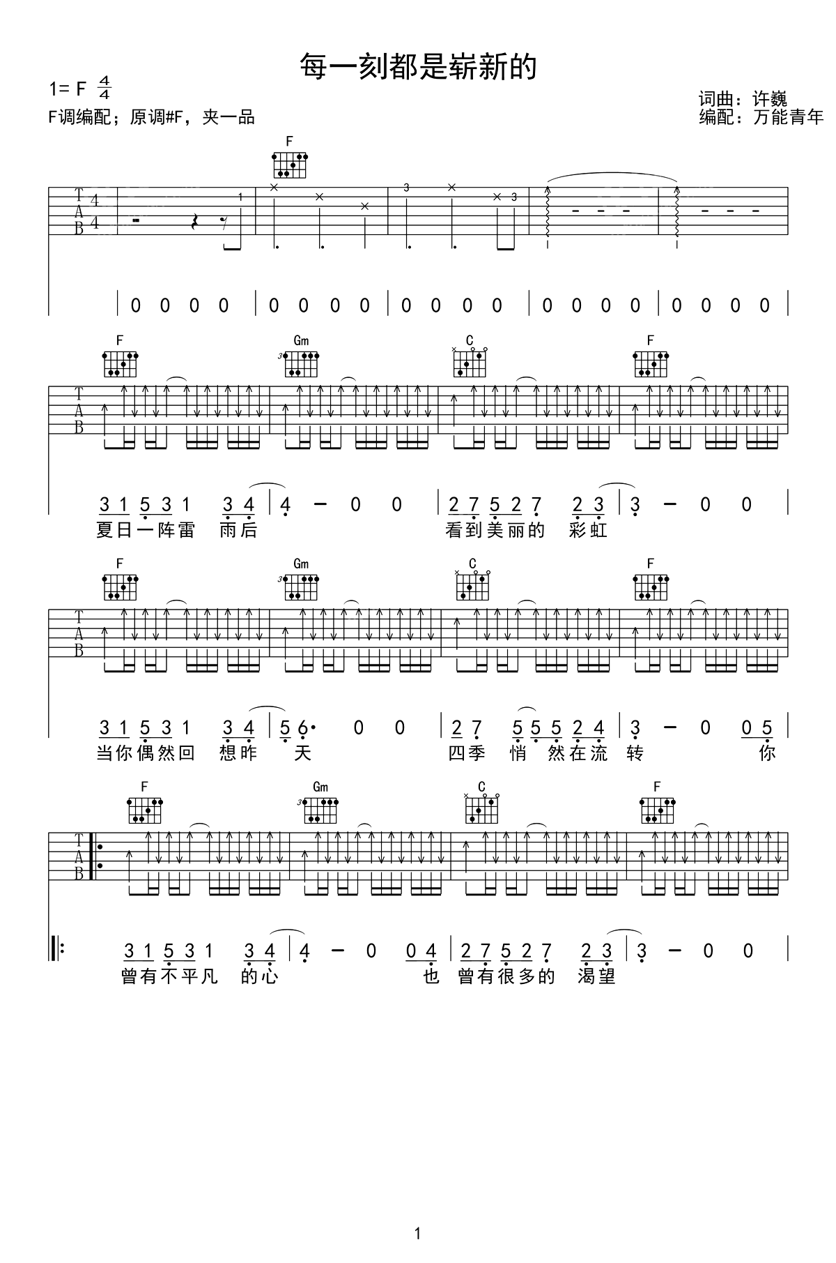 许巍《每一刻都是崭新的》吉他谱_F调指法-图1