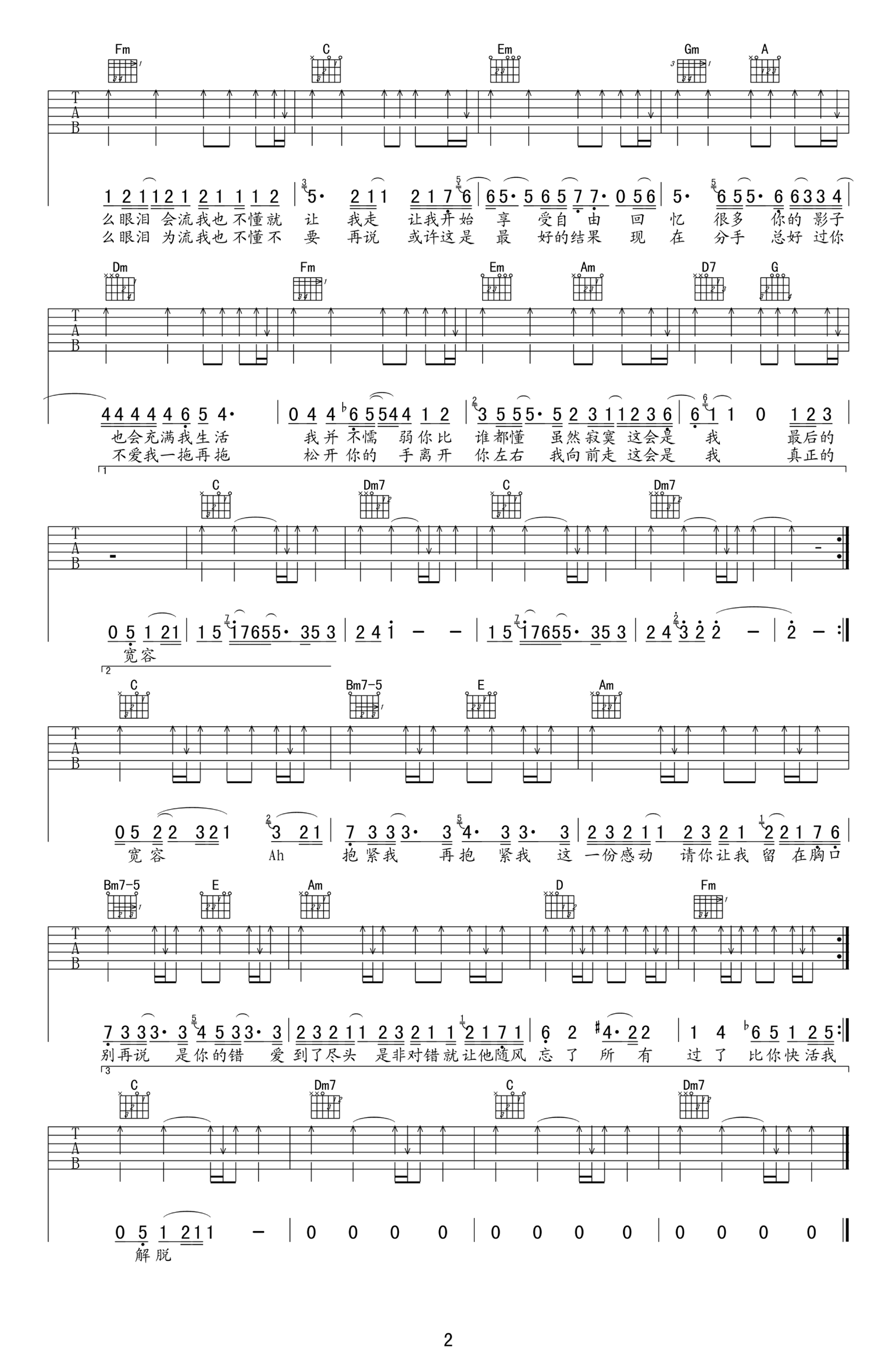 孙燕姿《我不难过》吉他谱_C调扫弦版-图2