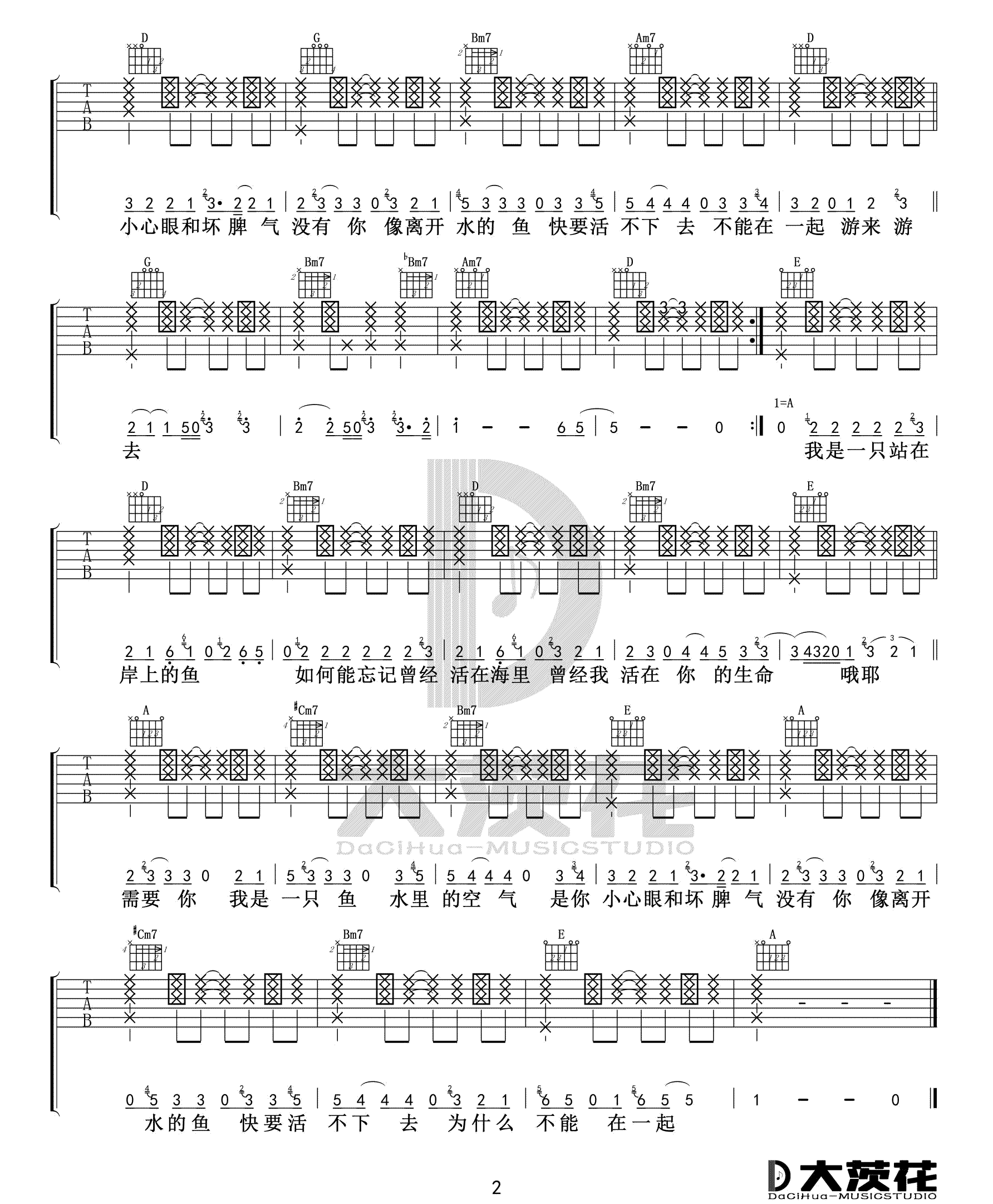 落日飞车《我是一只鱼》吉他谱_C调简单版-图2