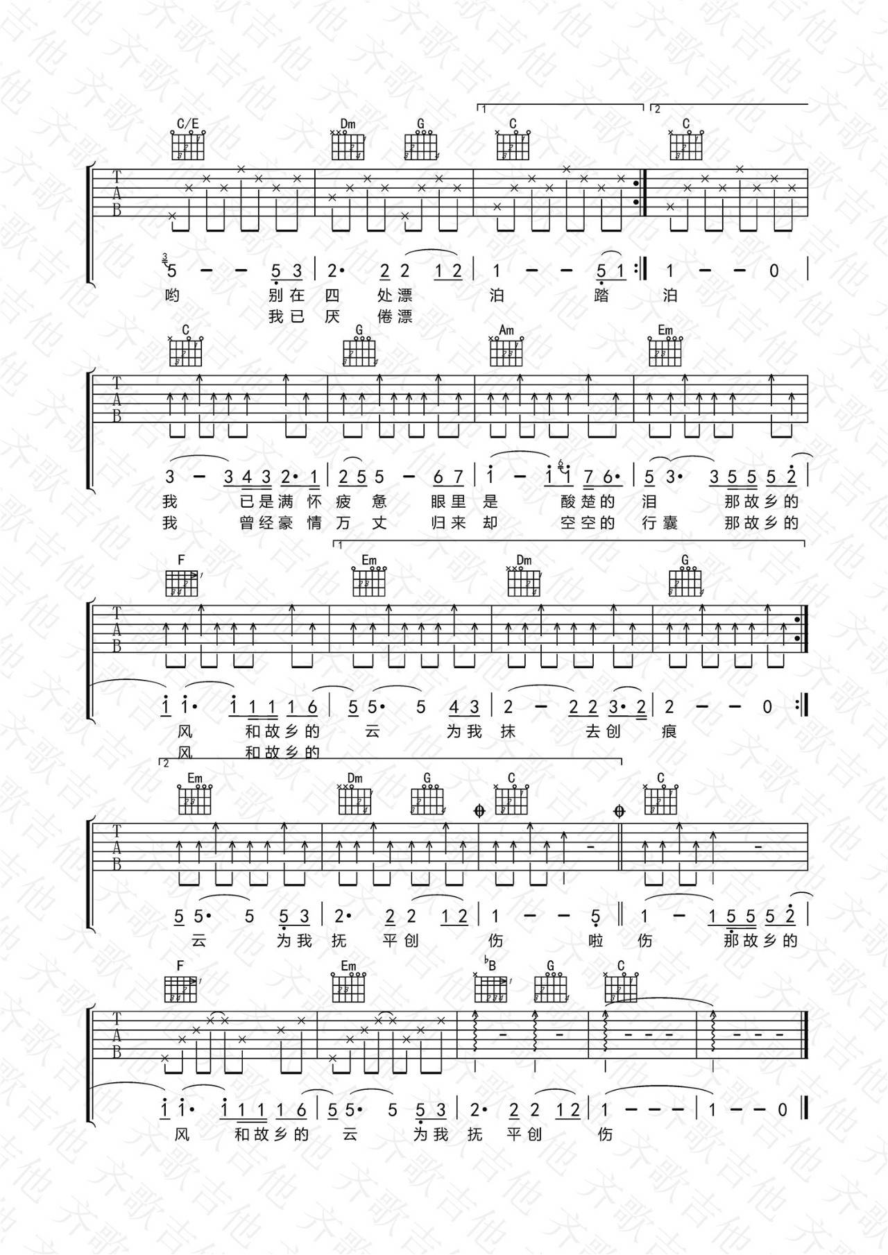 费翔《故乡的云》吉他谱_C调指法原版弹唱谱-图2