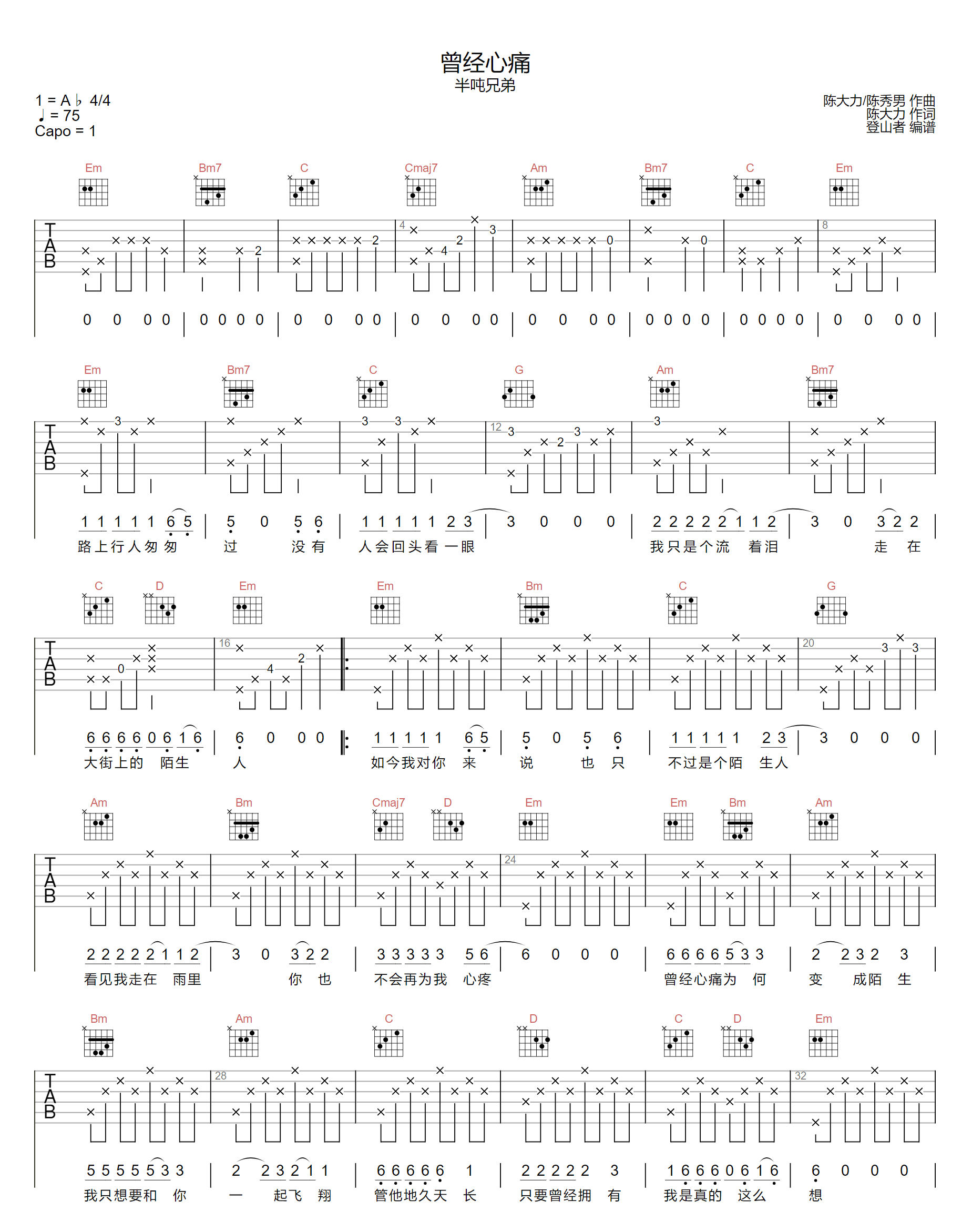 小阿枫/半吨兄弟《曾经心痛》吉他谱_G调指法-图1