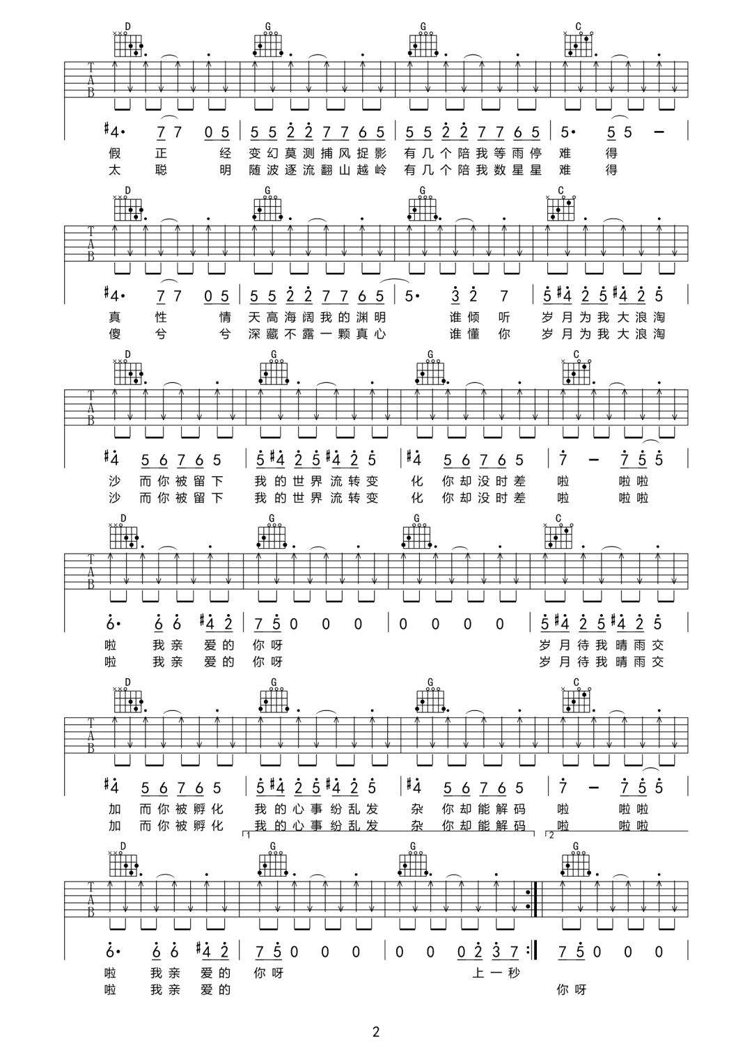 阿肆/郭采洁《世界上的另一个我》吉他谱_G调弹唱谱-图2