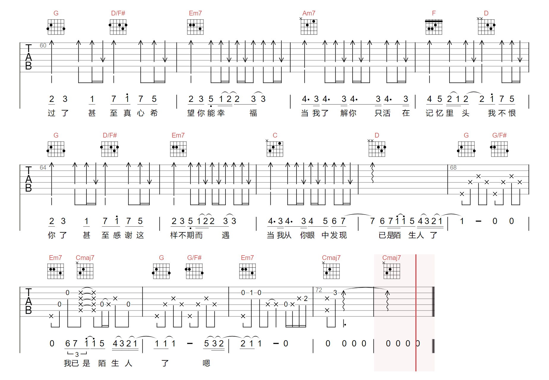 蔡健雅《陌生人》吉他谱_G调原版弹唱谱-图3