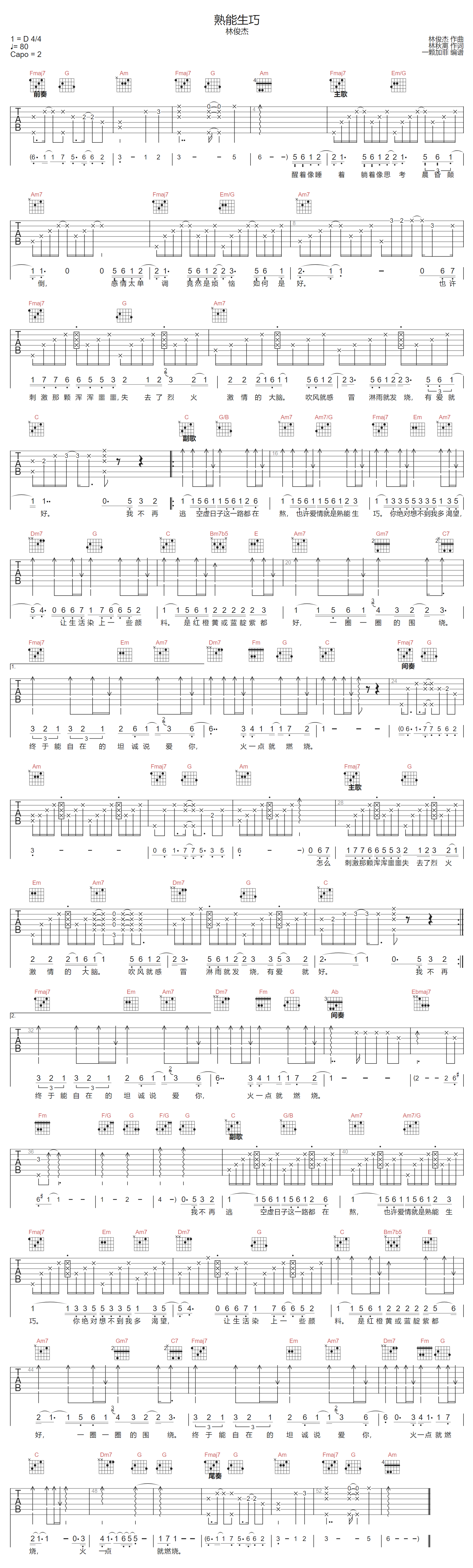 林俊杰《熟能生巧》吉他谱_C调指法原版弹唱谱-图1