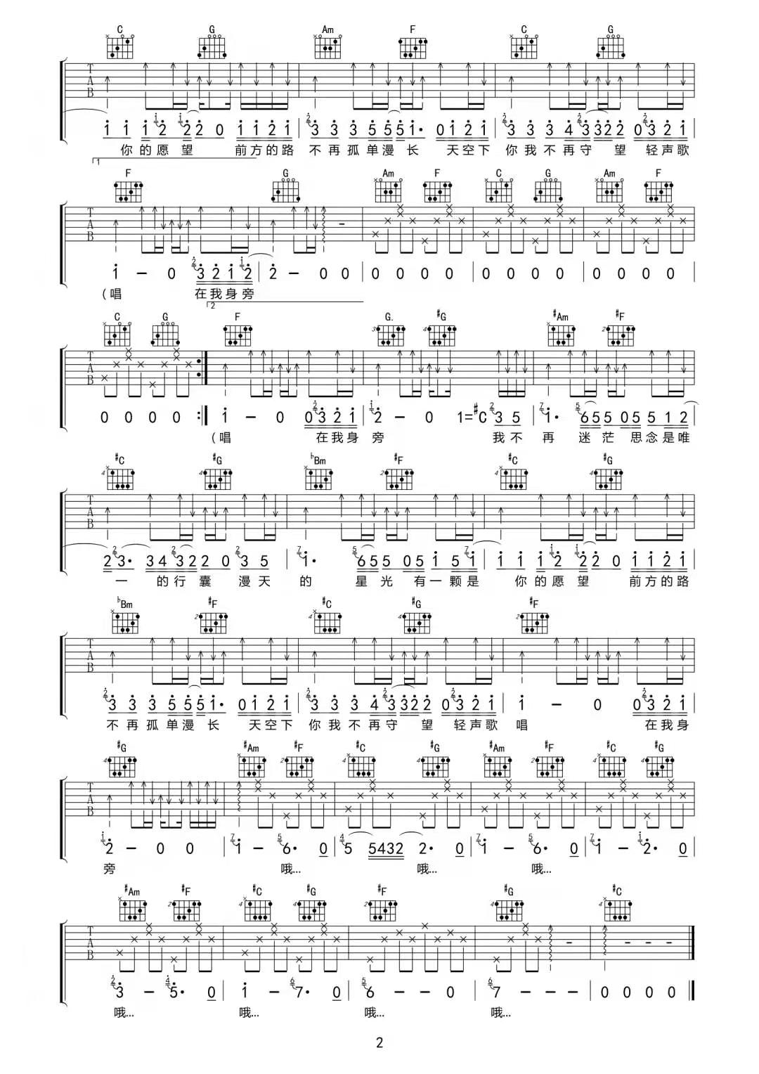 白挺《你从未离去》吉他谱_C调简单版-图2