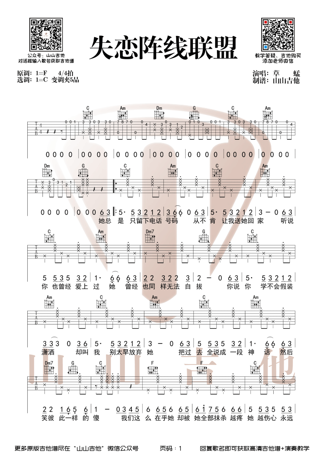 草蜢《失恋阵线联盟》吉他谱_C调原版弹唱谱-图1