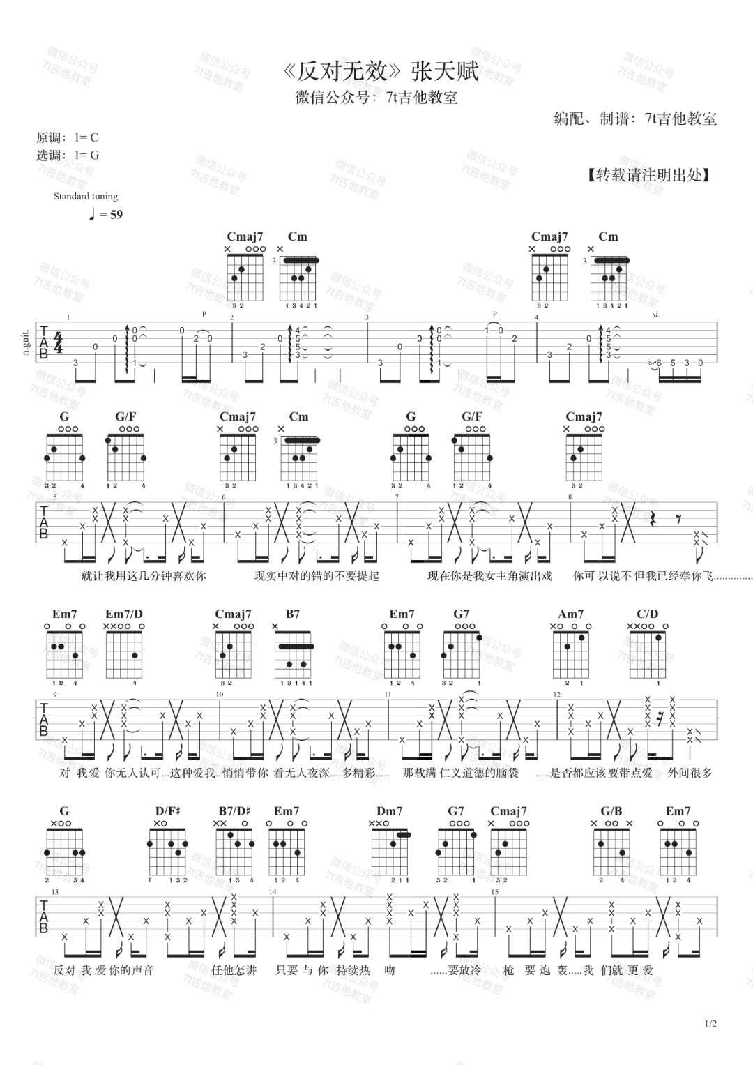 张天赋《反对无效》吉他谱_G调指法原版弹唱谱-图1