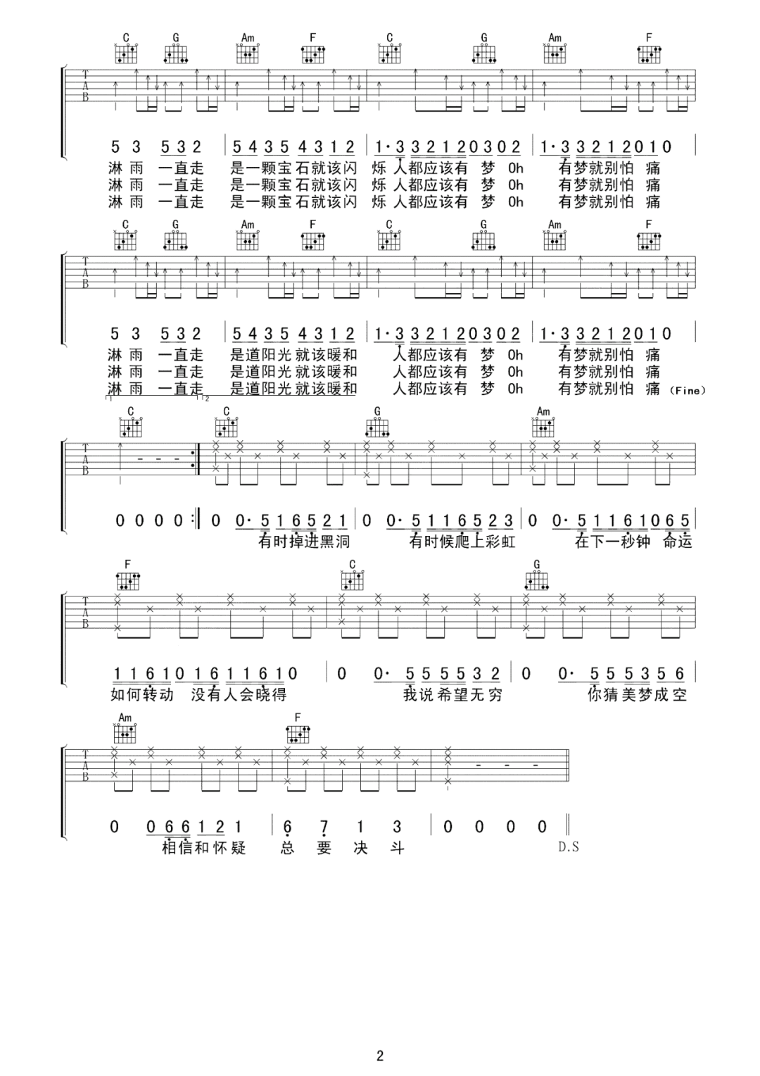 张韶涵《淋雨一直走》吉他谱_C调指法弹唱谱-图2