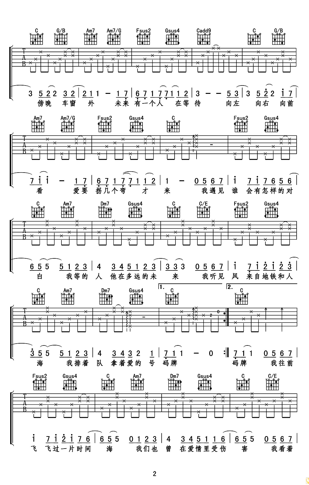 孙燕姿《遇见》吉他谱_C调原版弹唱谱-图2