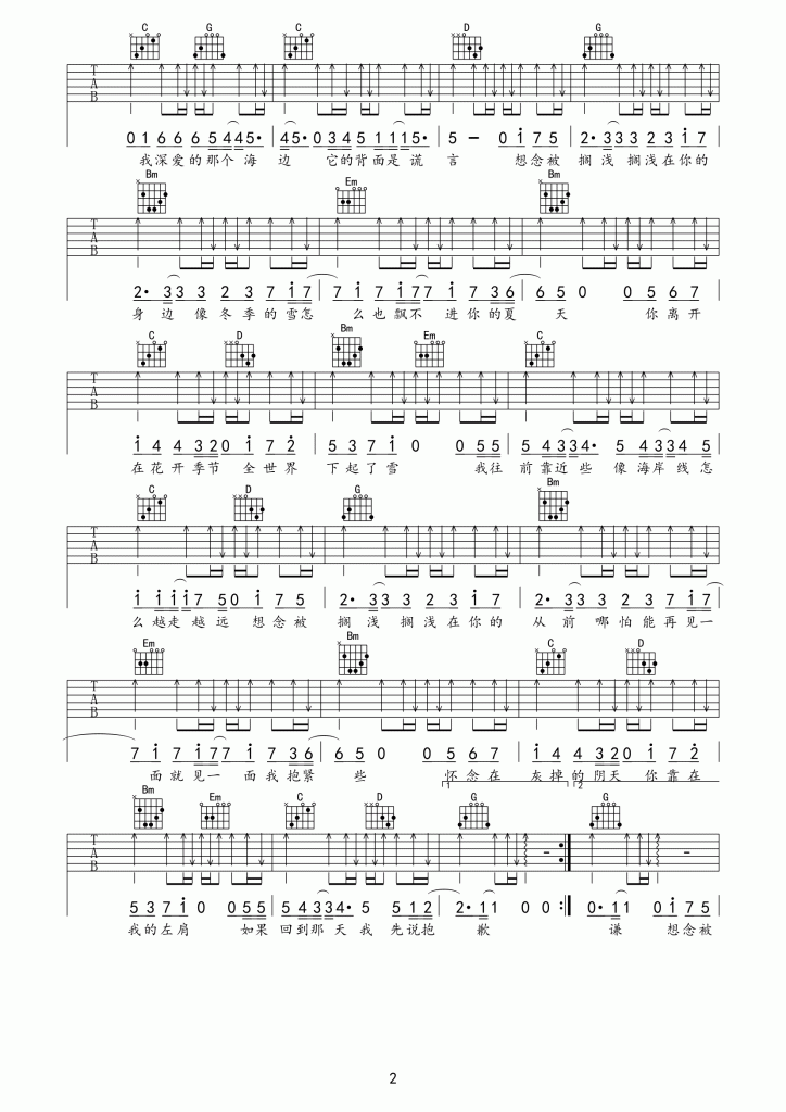 山止川行/覆予《想念被搁浅》吉他谱_G调指法-图2