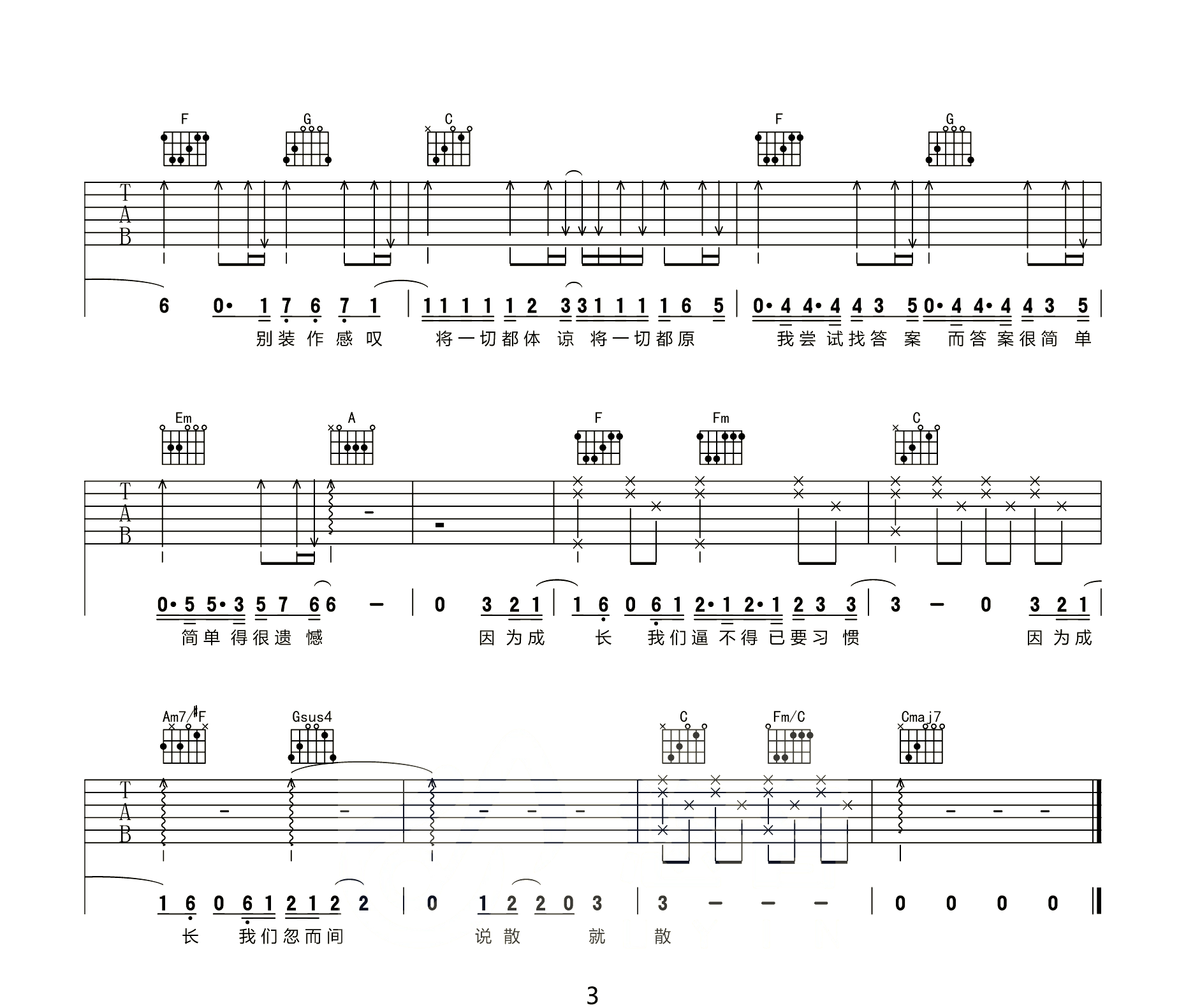 袁娅维《说散就散》吉他谱_C调指法原版弹唱谱-图3