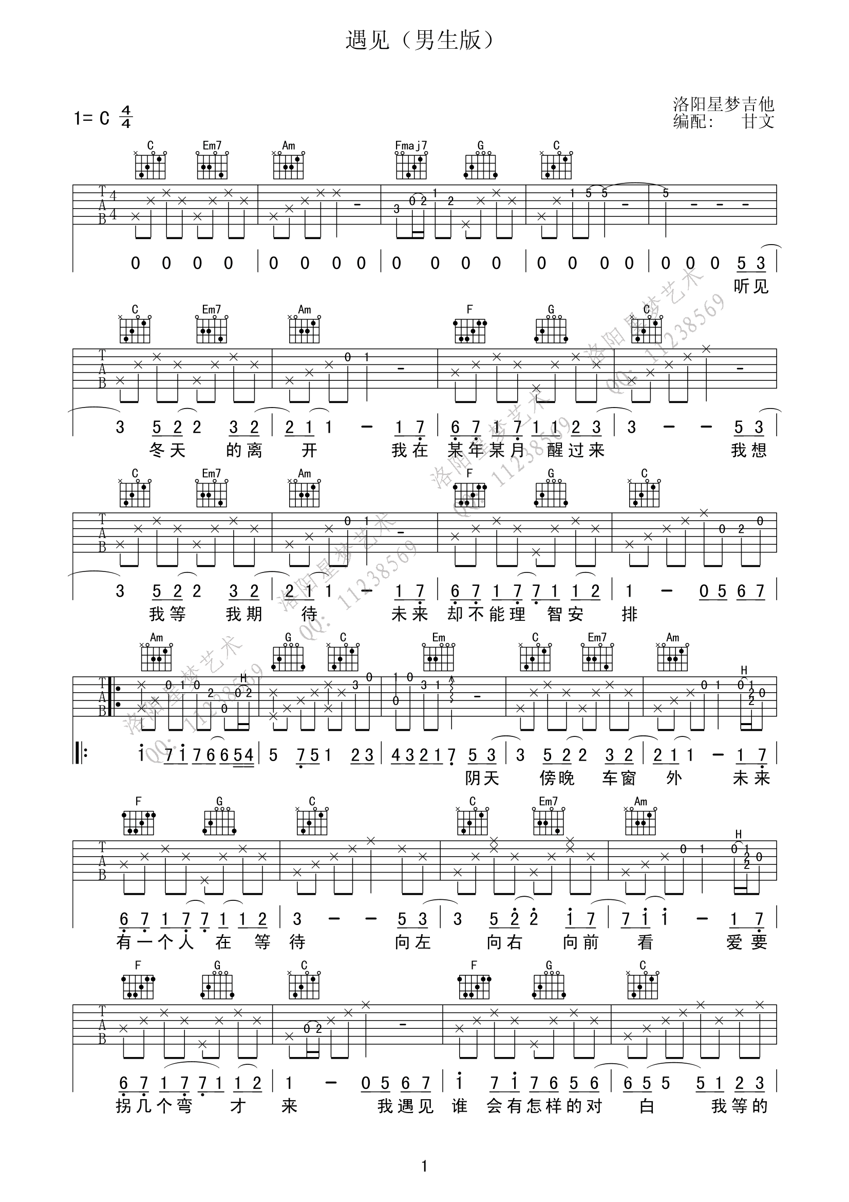 孙燕姿《遇见》吉他谱_C调男生简单版-图1