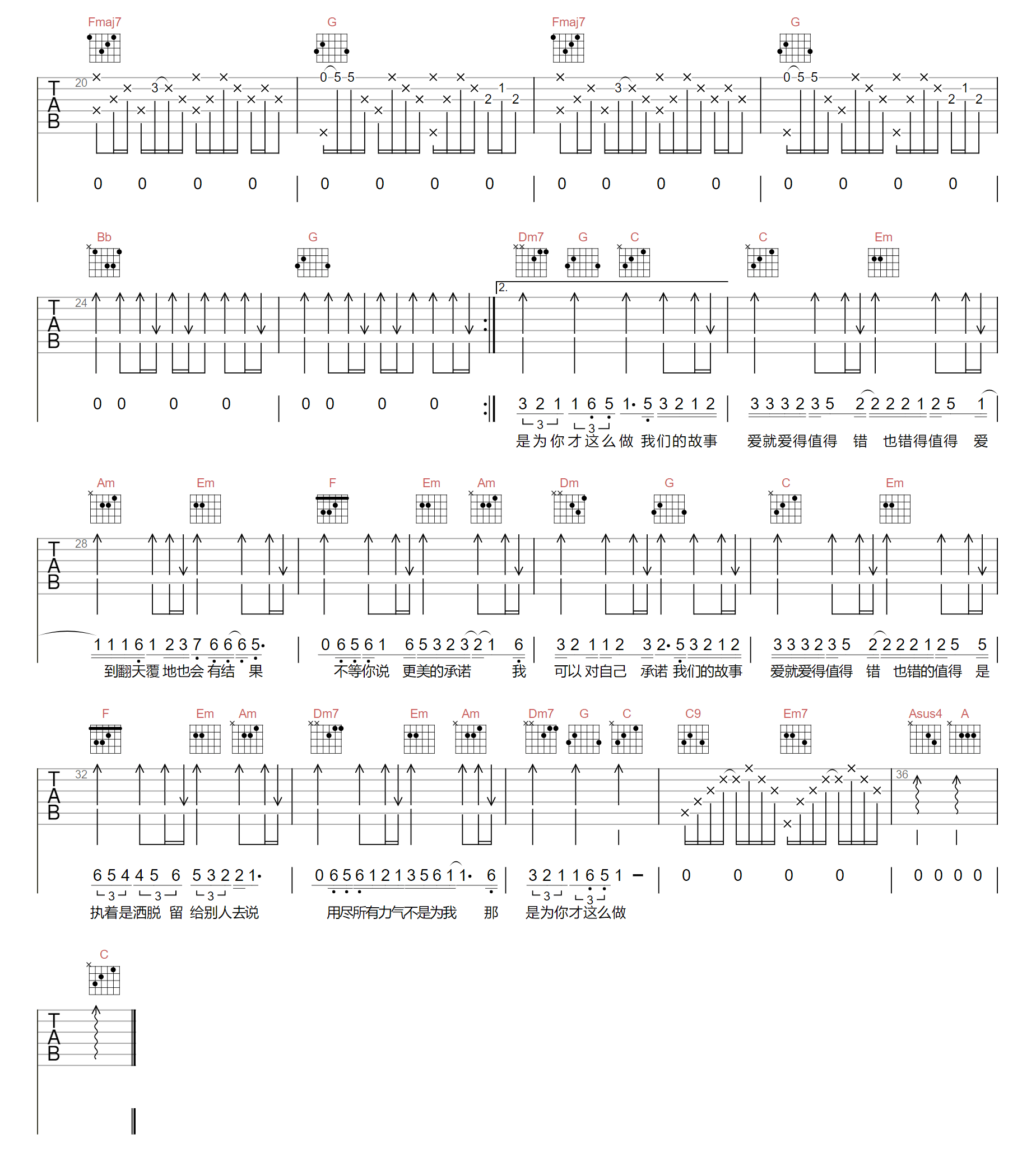 半吨兄弟/郑秀文《值得》吉他谱_C调指法弹唱谱-图2