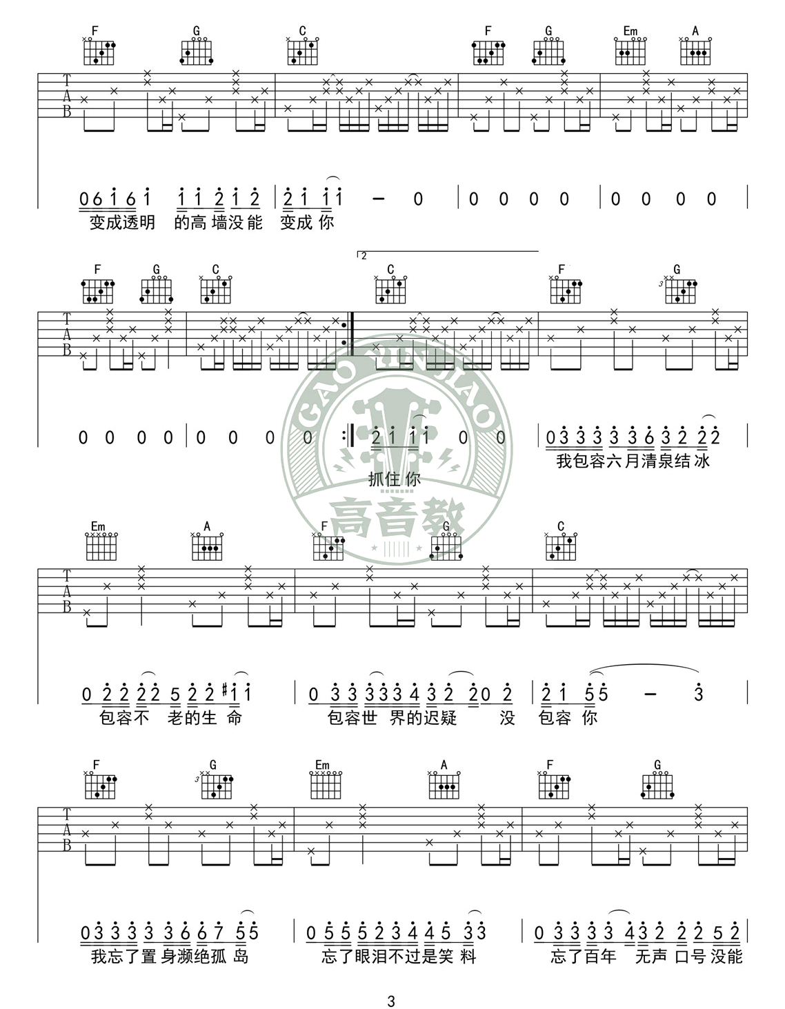 陈粒《奇妙能力歌》吉他谱_C调标准版弹唱谱-图3