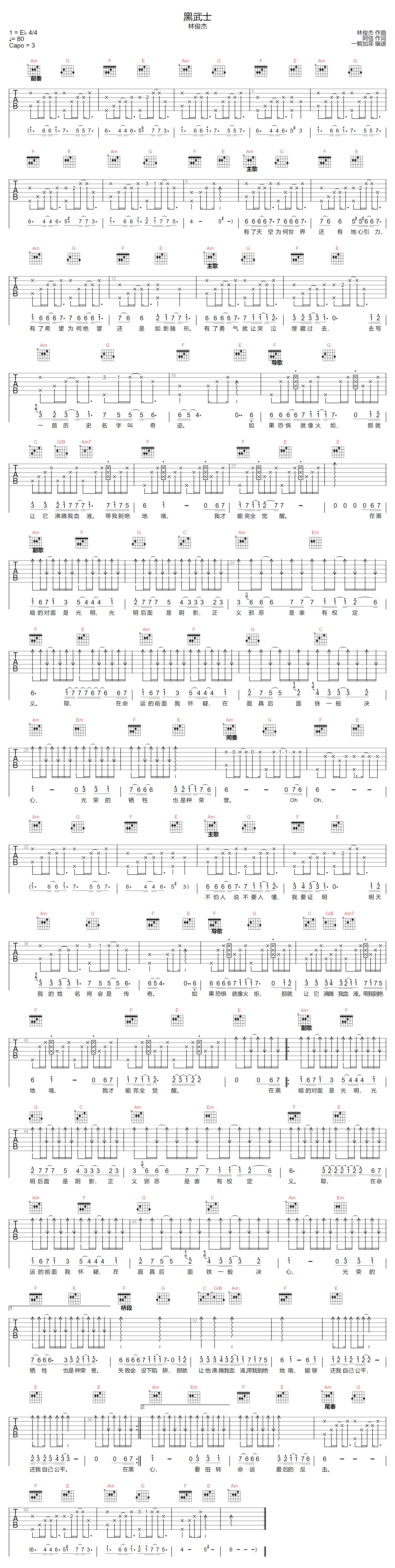 林俊杰《黑武士》吉他谱_C调指法原版弹唱谱-图1