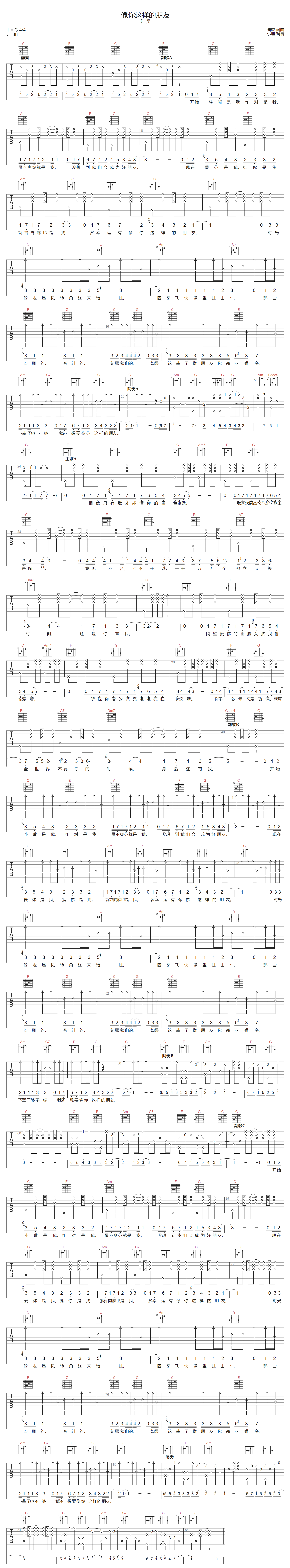 陆虎《像你这样的朋友》吉他谱_C调原版弹唱谱-图1