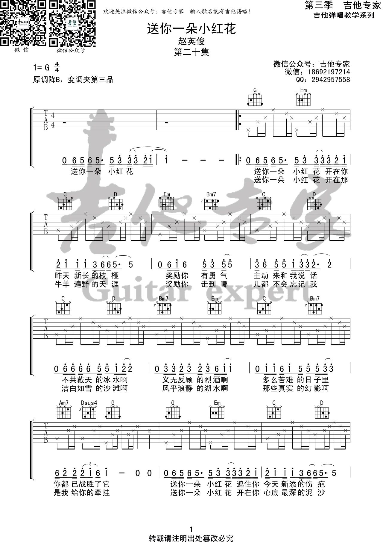 赵英俊《送你一朵小红花》吉他谱_G调指法弹唱谱-图1