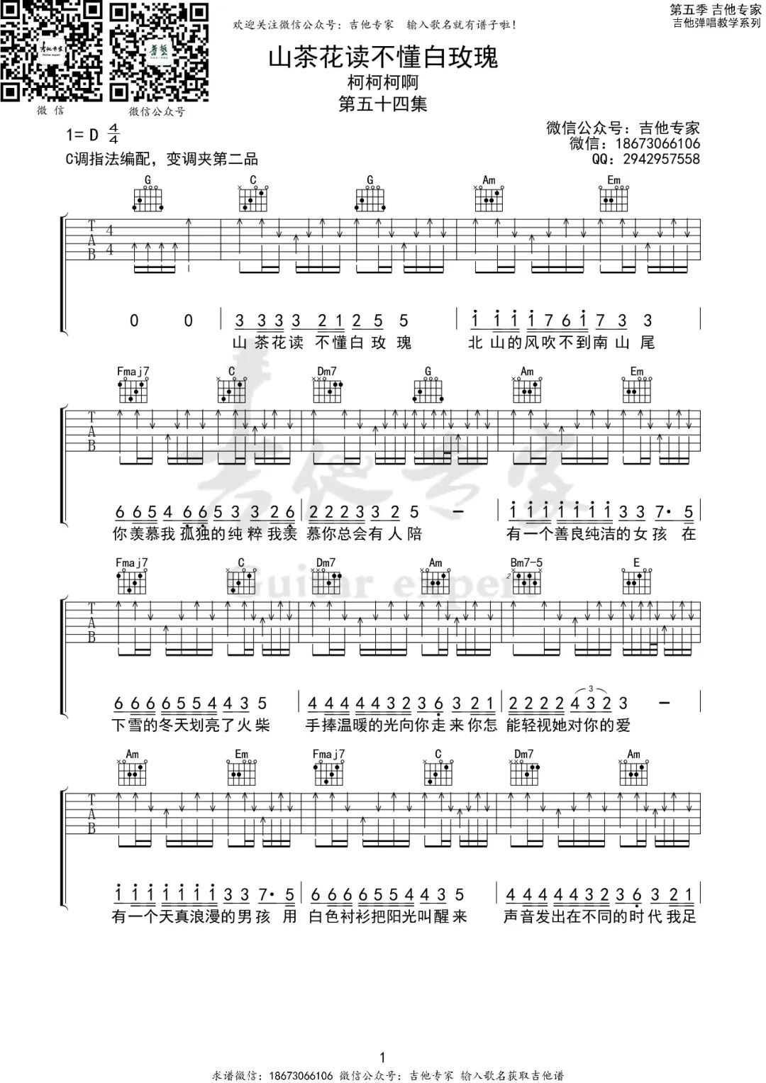 柯柯柯啊《山茶花读不懂白玫瑰》吉他谱_C调指法-图2