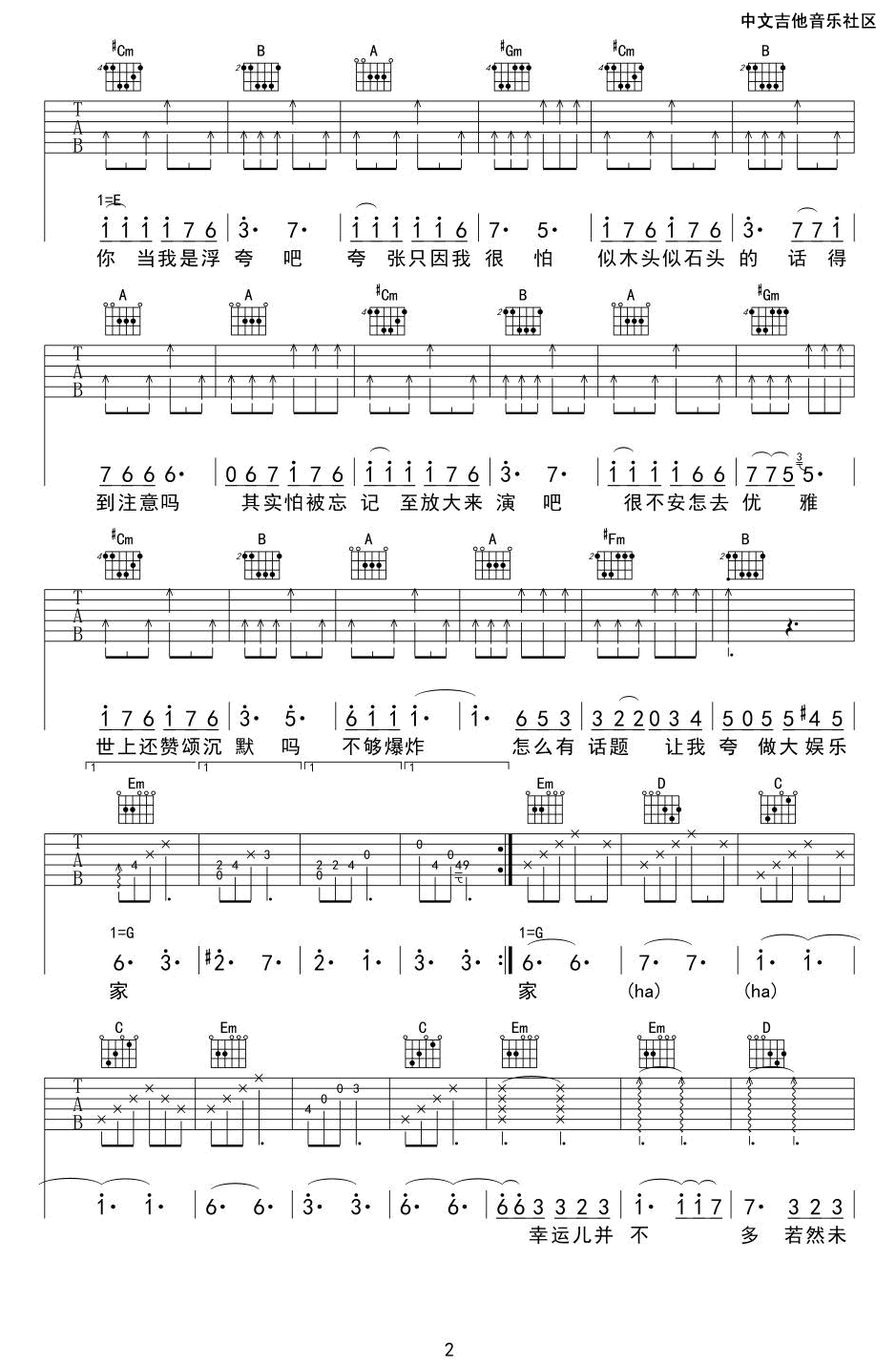 陈奕迅《浮夸》吉他谱_G调指法弹唱谱-图2