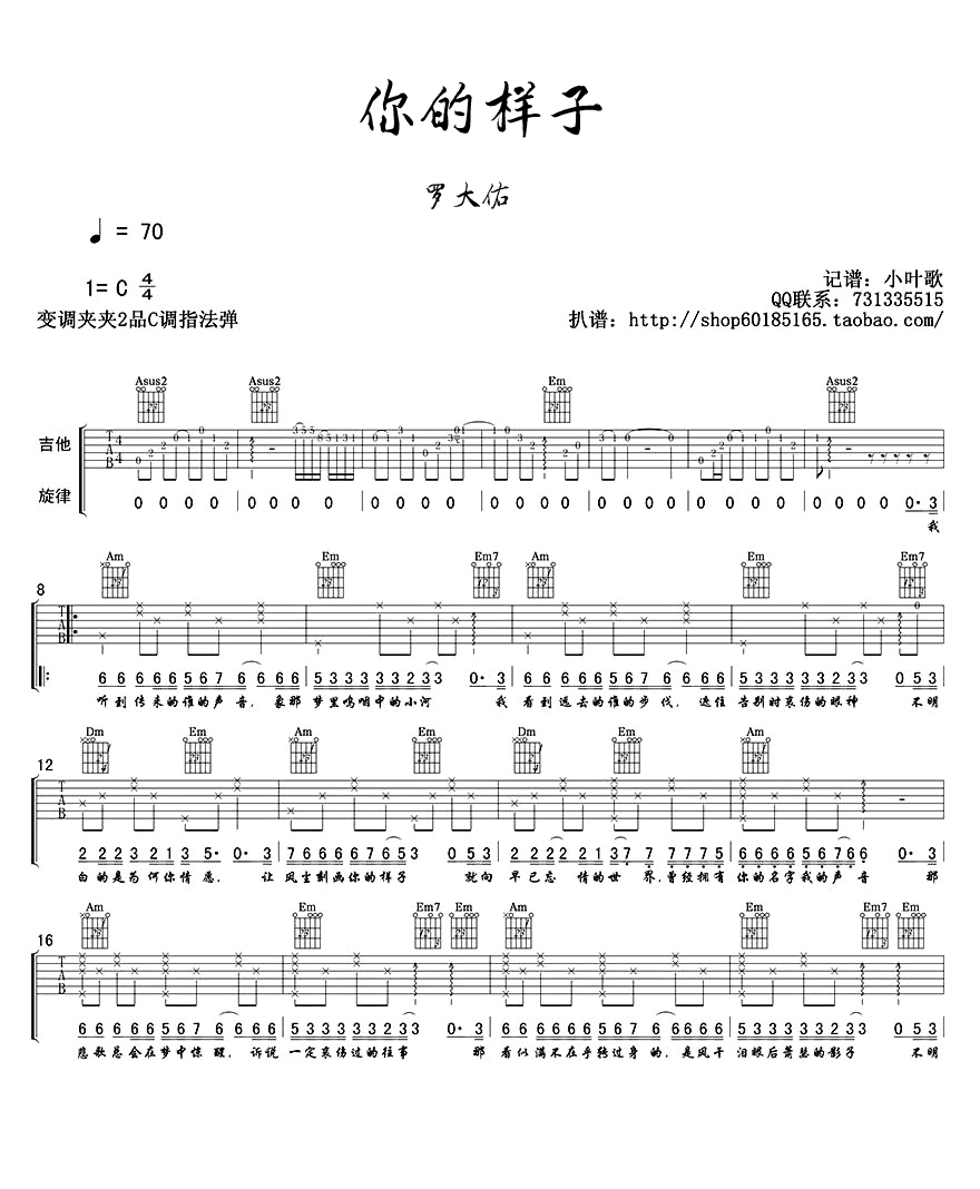 罗大佑/林志炫《你的样子》吉他谱_C调原版-图1