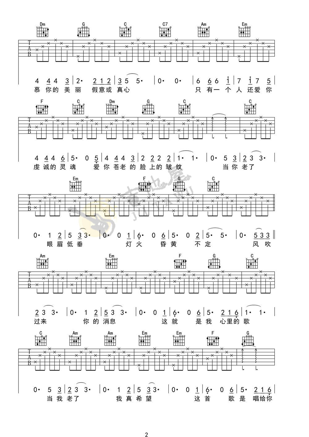 赵照《当你老了》吉他谱_C调指法原版弹唱谱-图2