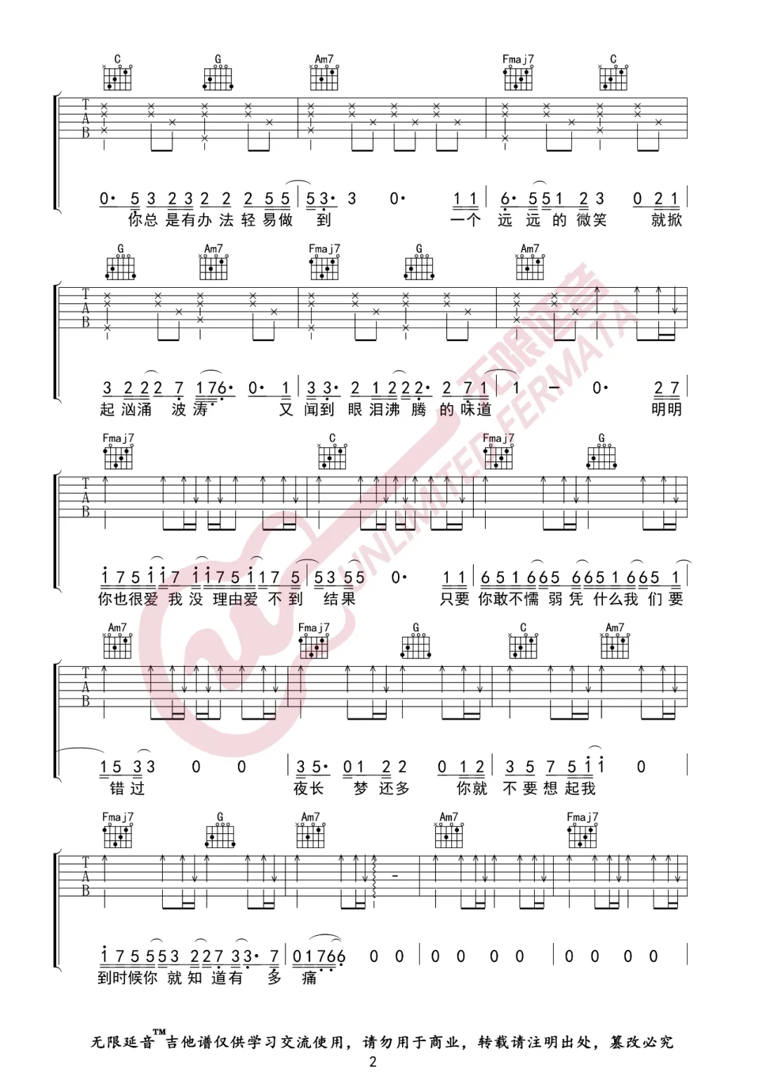 田馥甄《你就不要想起我》吉他谱_C调指法-图2